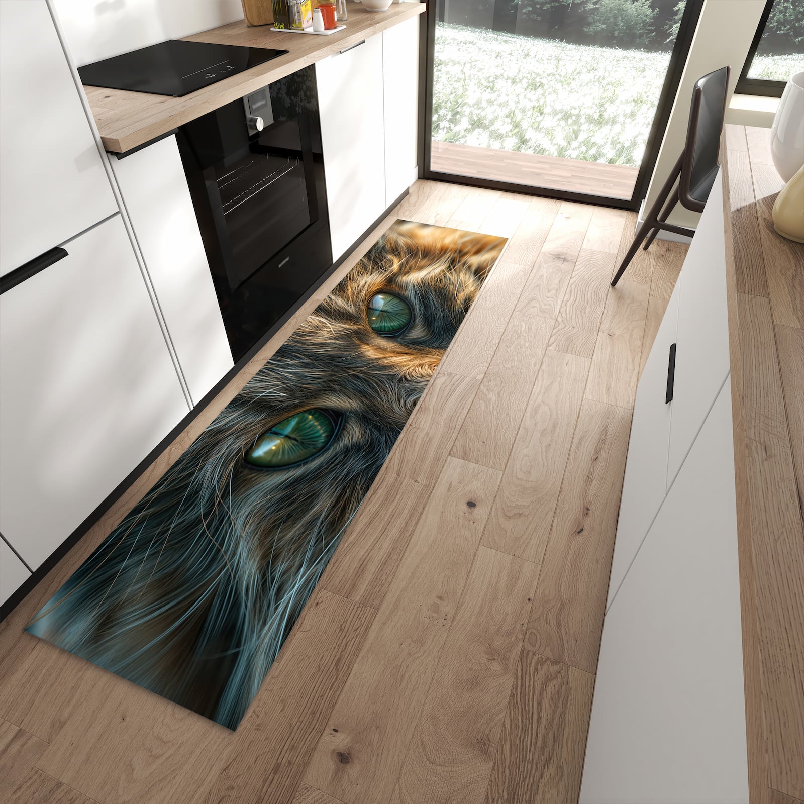 Schmutzabweisender Küchenvorleger mit Motiv Nahaufnahme Katze in Frontansicht