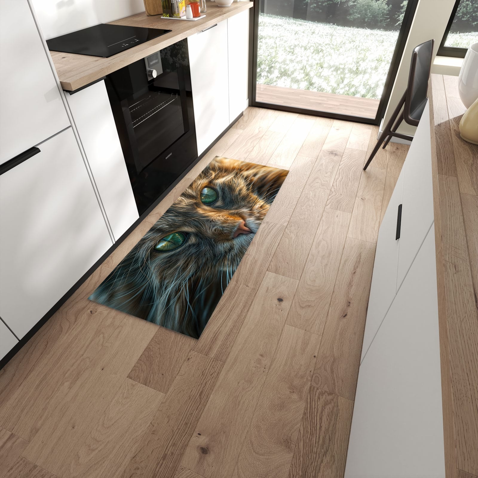Wasserabweisender Küchenläufer mit Motiv Nahaufnahme Katze in Frontansicht