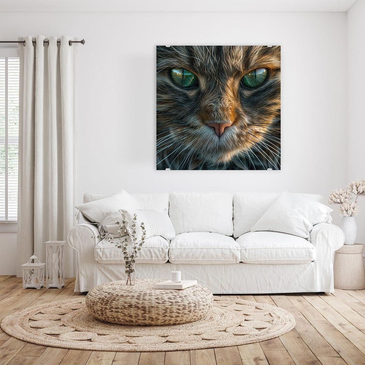 Formatfuellendes Gesicht einer getigerten Katze mit grünen Augen, warmes Braun-Grau-Fell