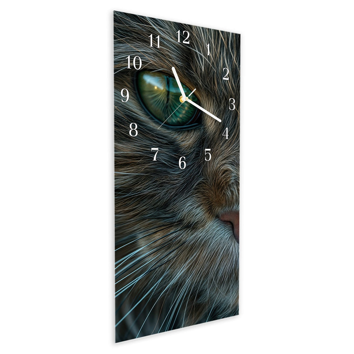 Vormontiert – mit Schwebeeffekt – Wanduhr Nahaufnahme & Katze aus Glas – Hochformat 30 × 60 cm