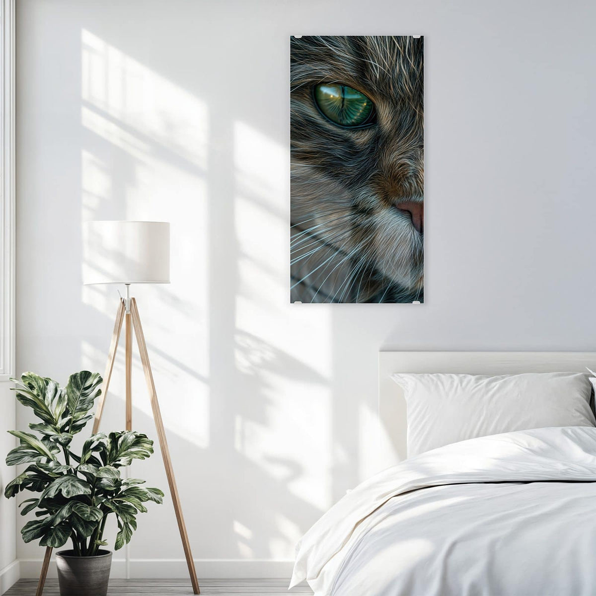 Glasbild Getigerte Katze an der Wand – Formatfuellendes Gesicht einer getigerten Katze mit grünen Augen, warmes Braun-Grau-Fell
