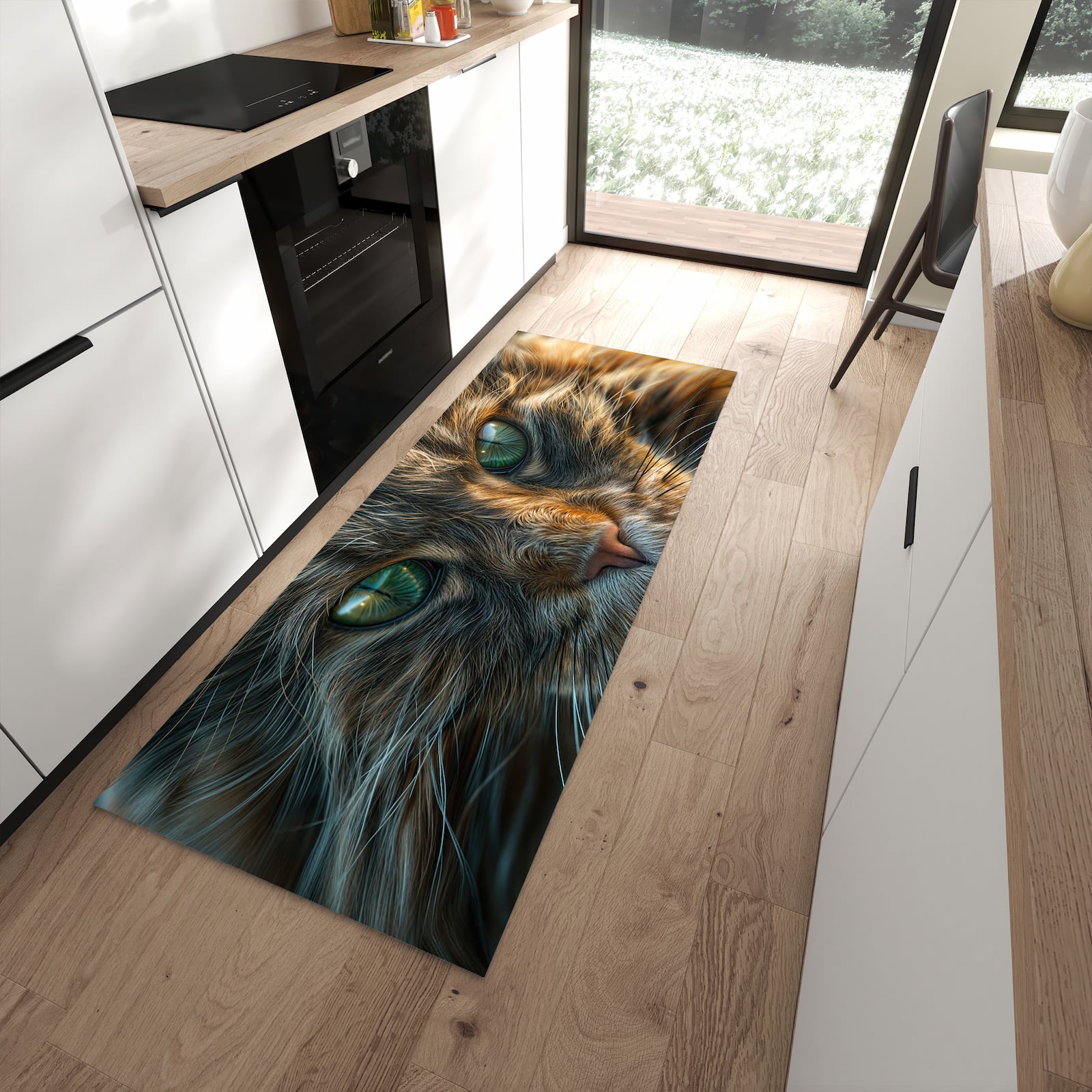 Pflegeleichter Teppichläufer für die Küche mit Motiv Nahaufnahme Katze in Frontansicht