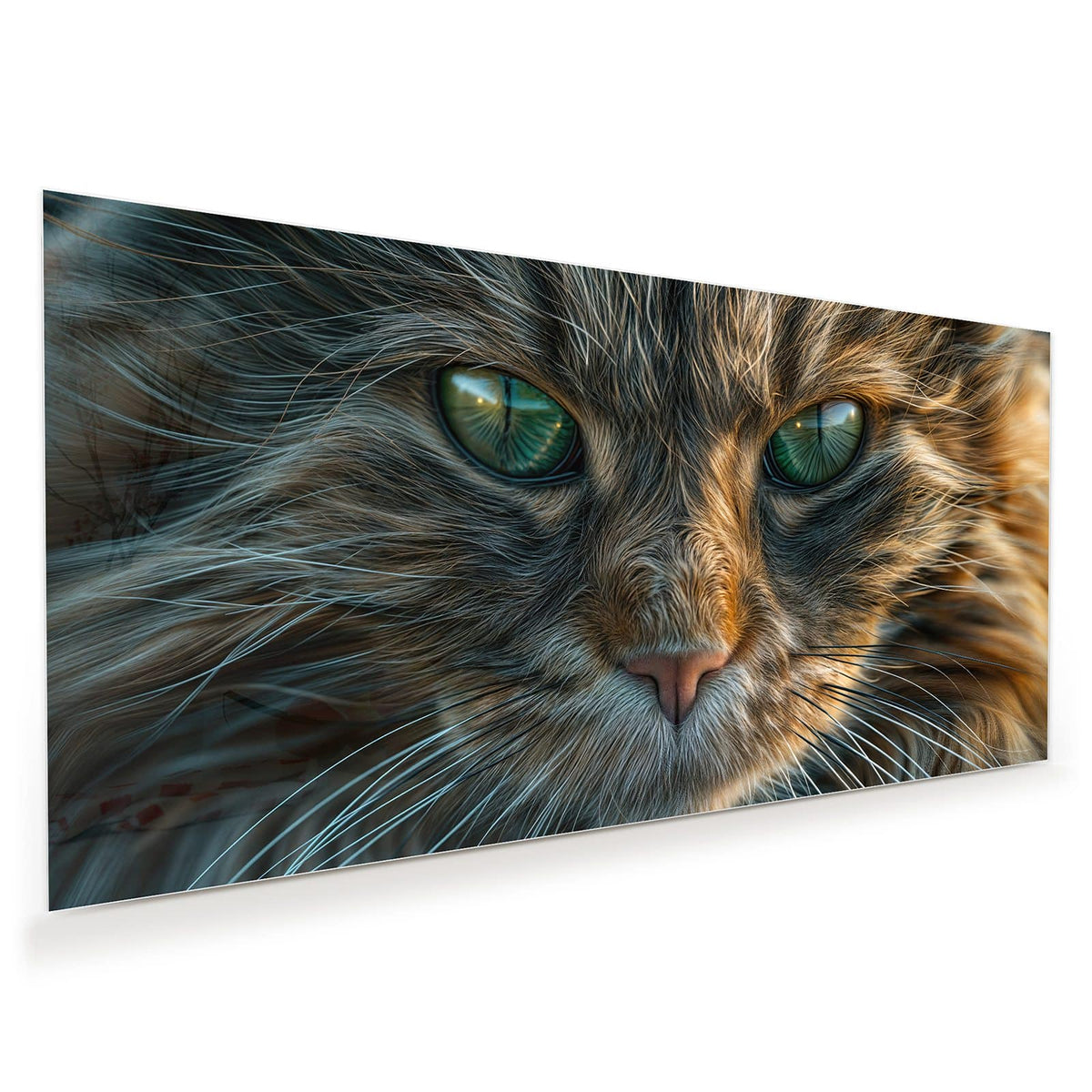 Formatfuellendes Gesicht einer getigerten Katze mit grünen Augen, warmes Braun-Grau-Fell