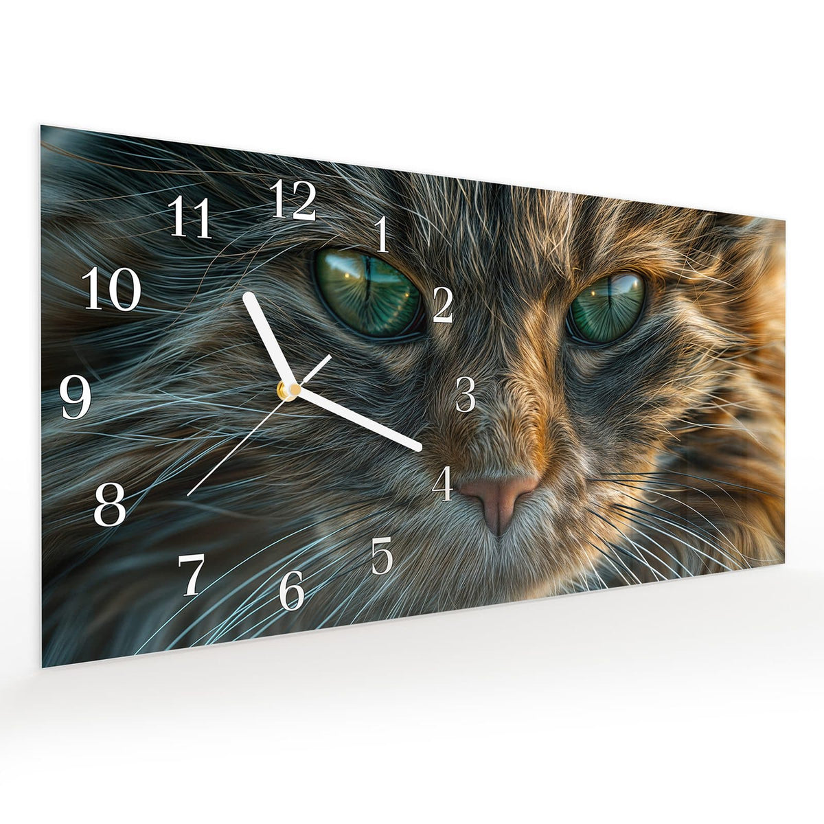 Vormontiert – mit Schwebeeffekt – Wanduhr Nahaufnahme & Katze aus Glas – Querformat 60 × 30 cm