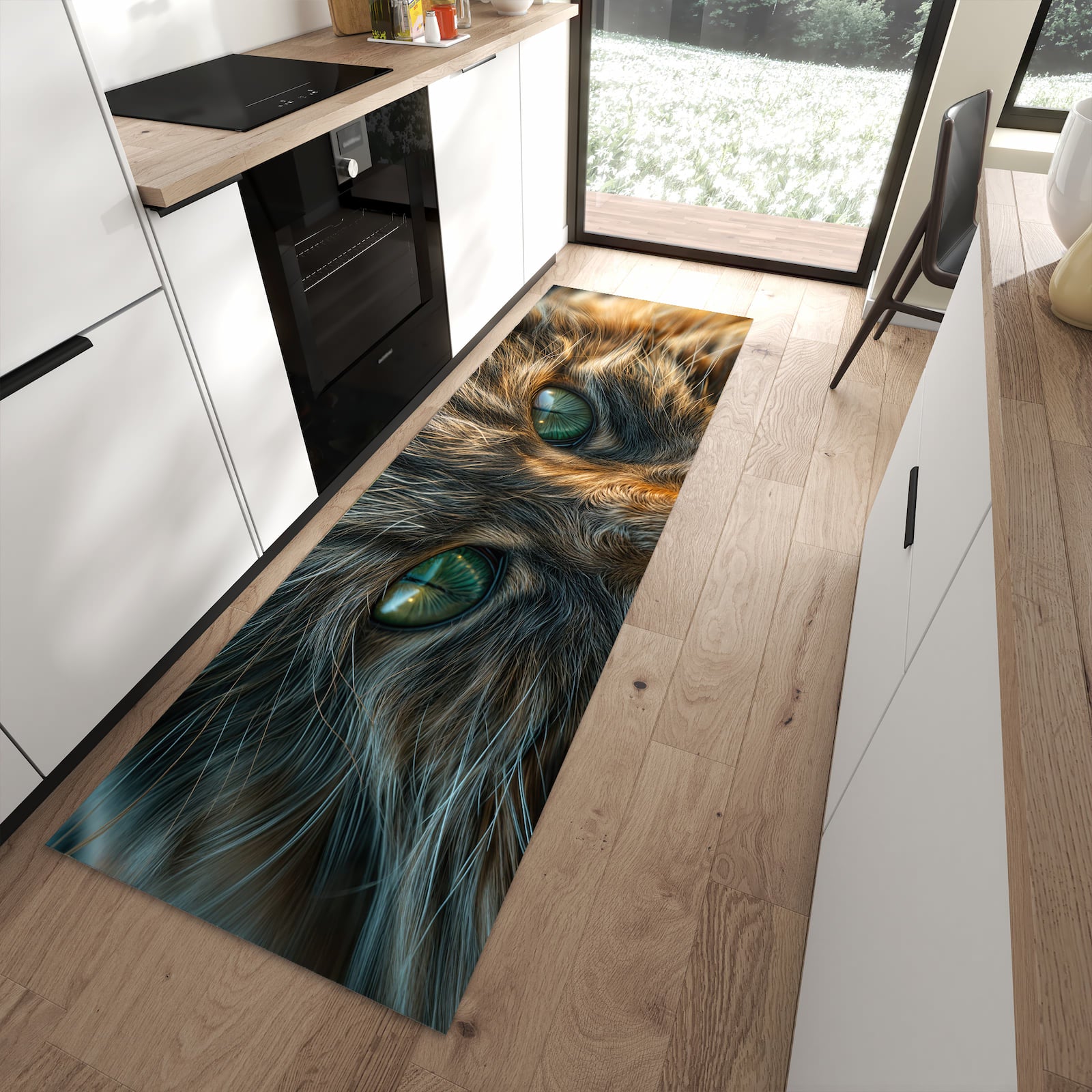 Komfortabler waschbarer Läufer für die Küche mit Motiv Nahaufnahme Katze in Frontansicht