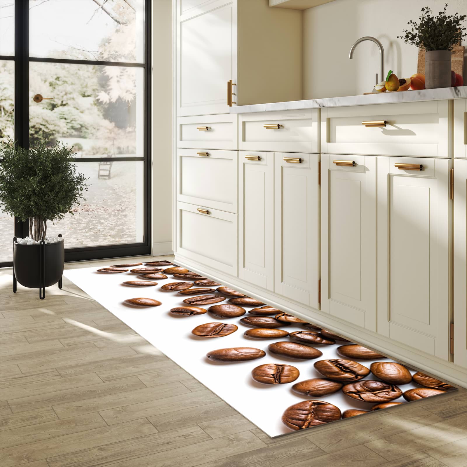 Bodenschonender Küchenteppich mit Motiv Verträumte Kaffeebohnen in heller Küche