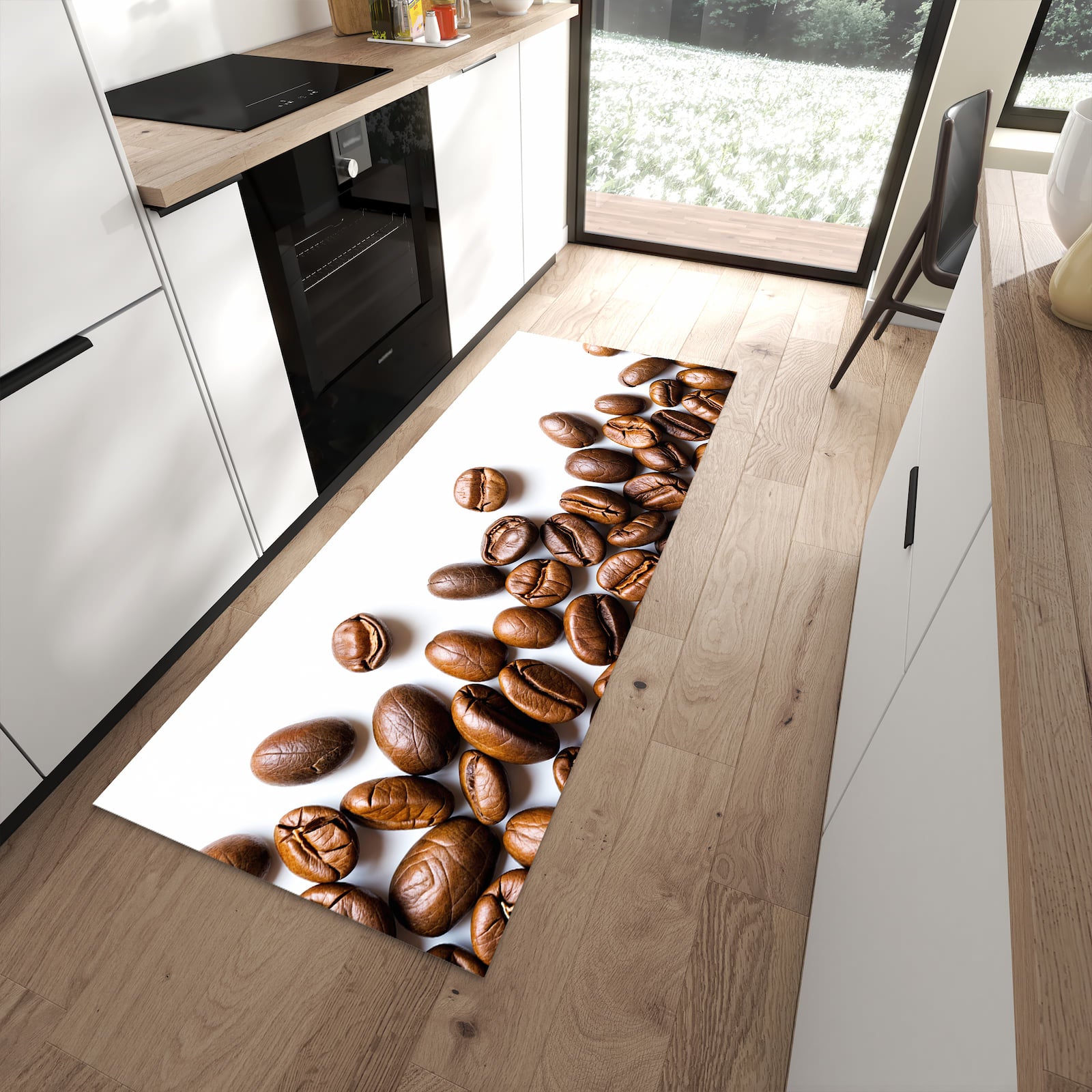 Flacher Küchenteppich mit Motiv Verträumte Kaffeebohnen in moderner Küche - waschbar