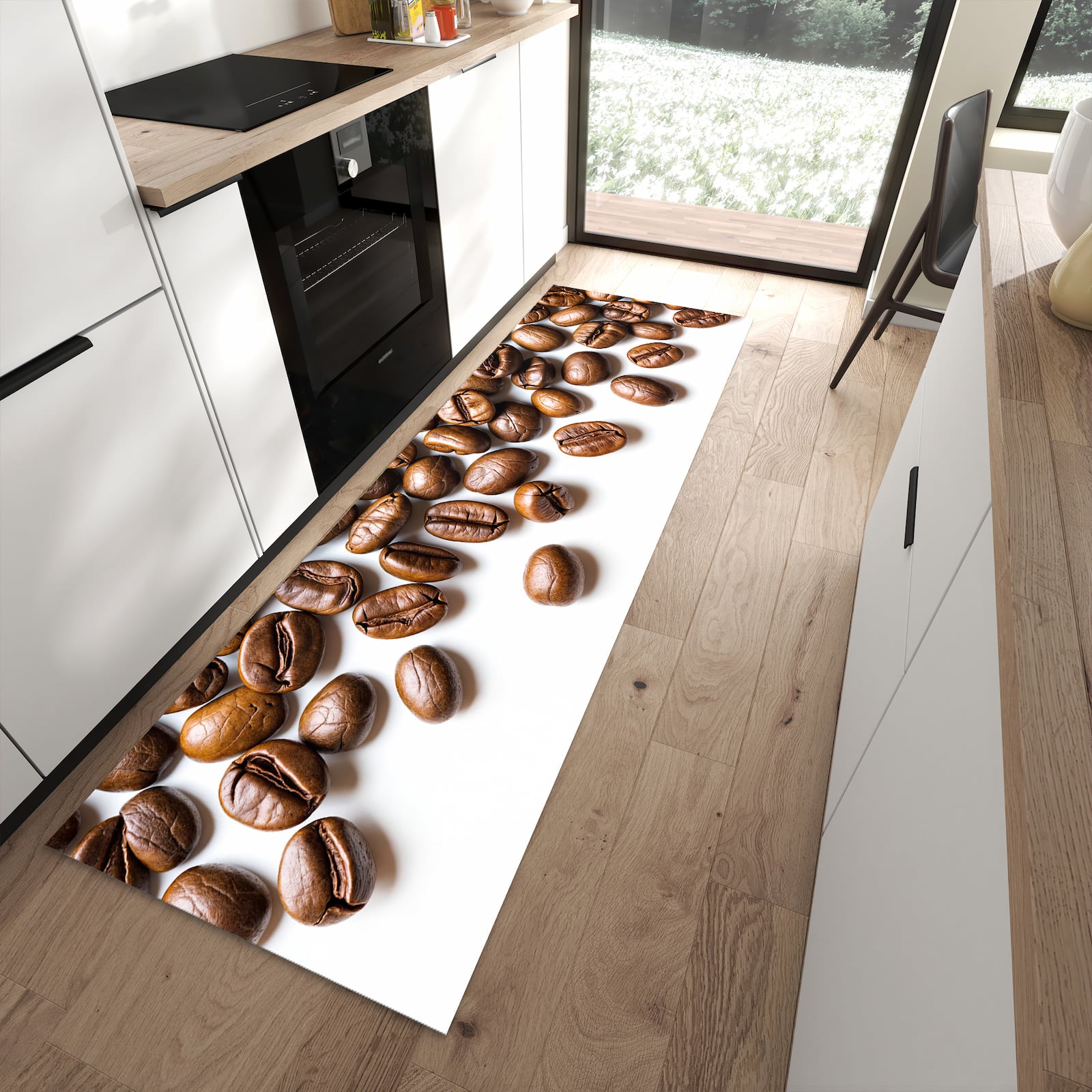 Pflegeleichter Küchenteppich mit Motiv Verträumte Kaffeebohnen in moderner Küche