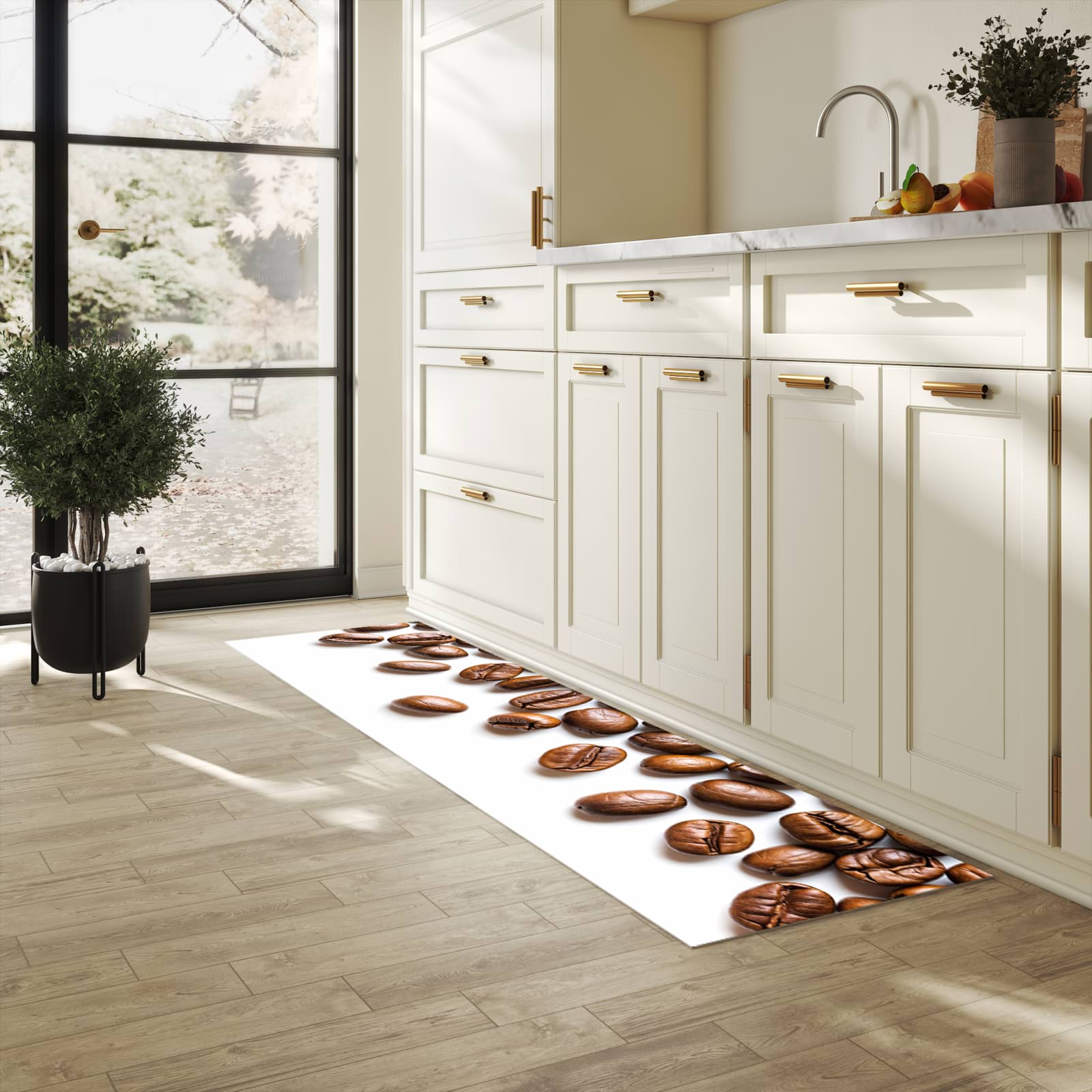 Waschbarer Küchenteppich mit Motiv Verträumte Kaffeebohnen in heller Küche
