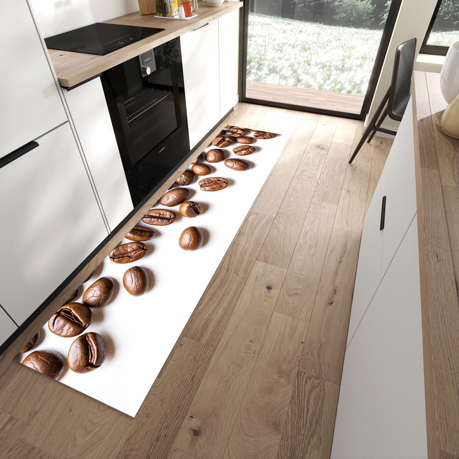 Fleckenresistenter rutschfester Küchenteppich mit Motiv Verträumte Kaffeebohnen in moderner Küche