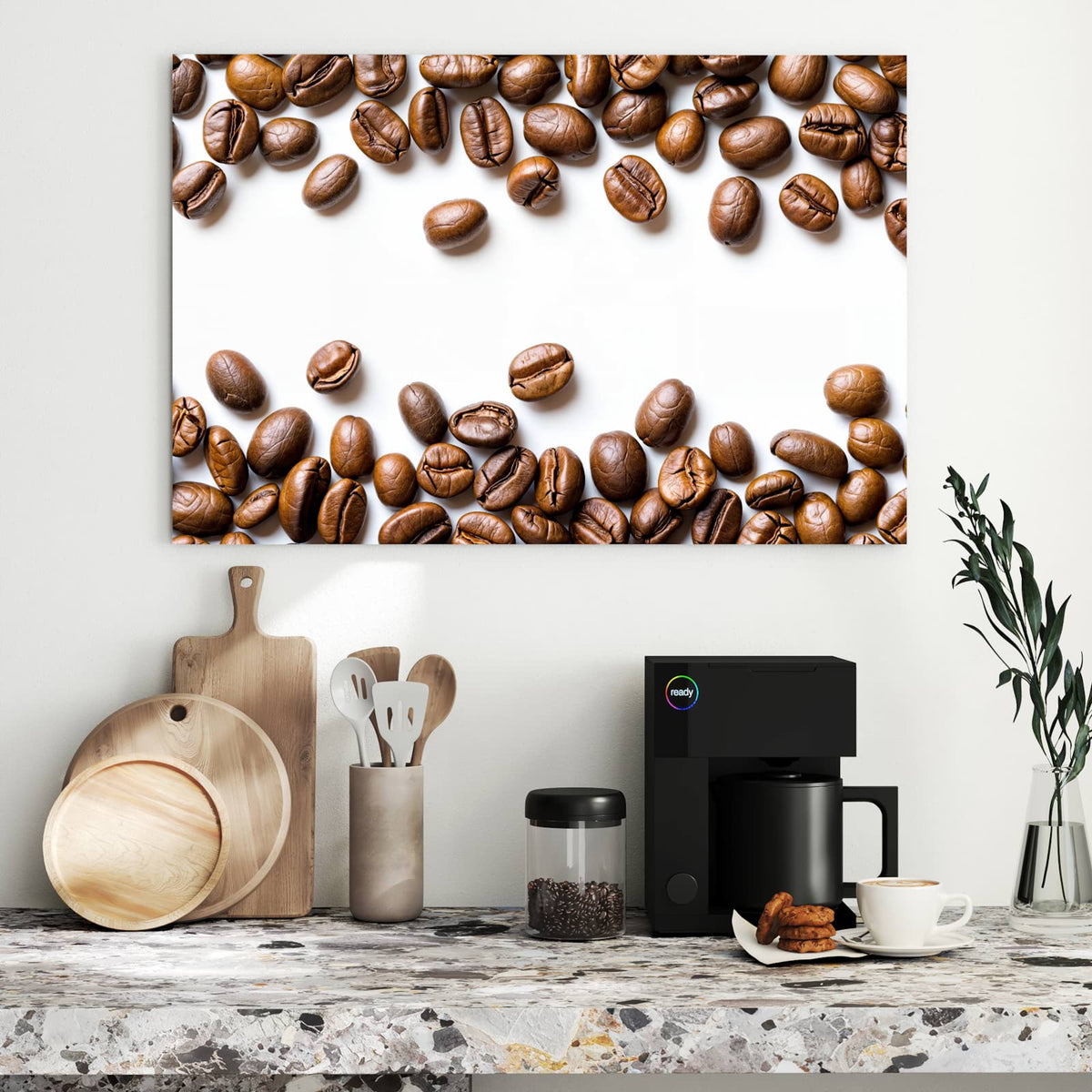 Metall Magnettafel - Kaffeebohnen auf Weiß – Kaffeebohnen rahmen freie weiße Mitte