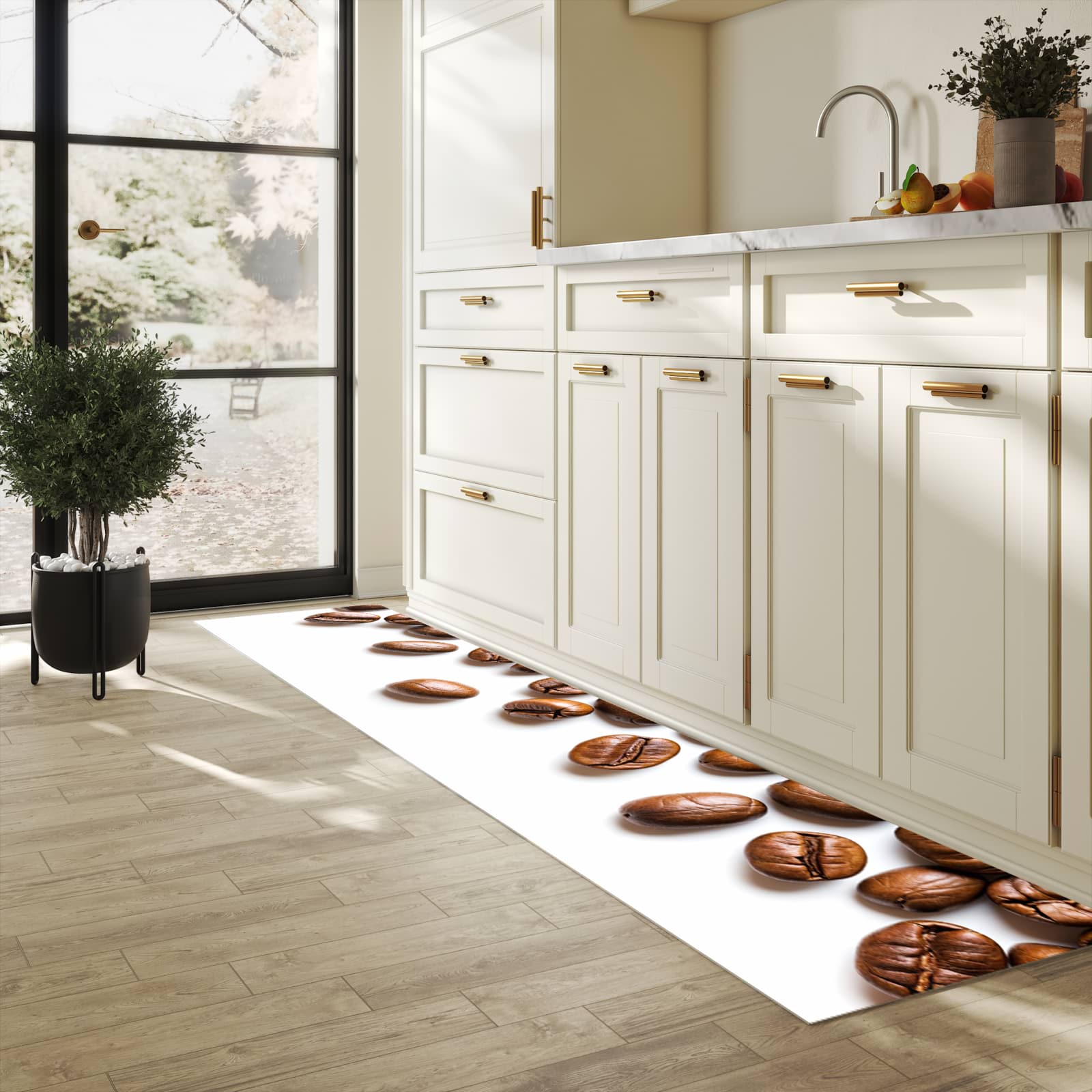 Rutschfester Küchenteppich mit Motiv Verträumte Kaffeebohnen in heller Küche
