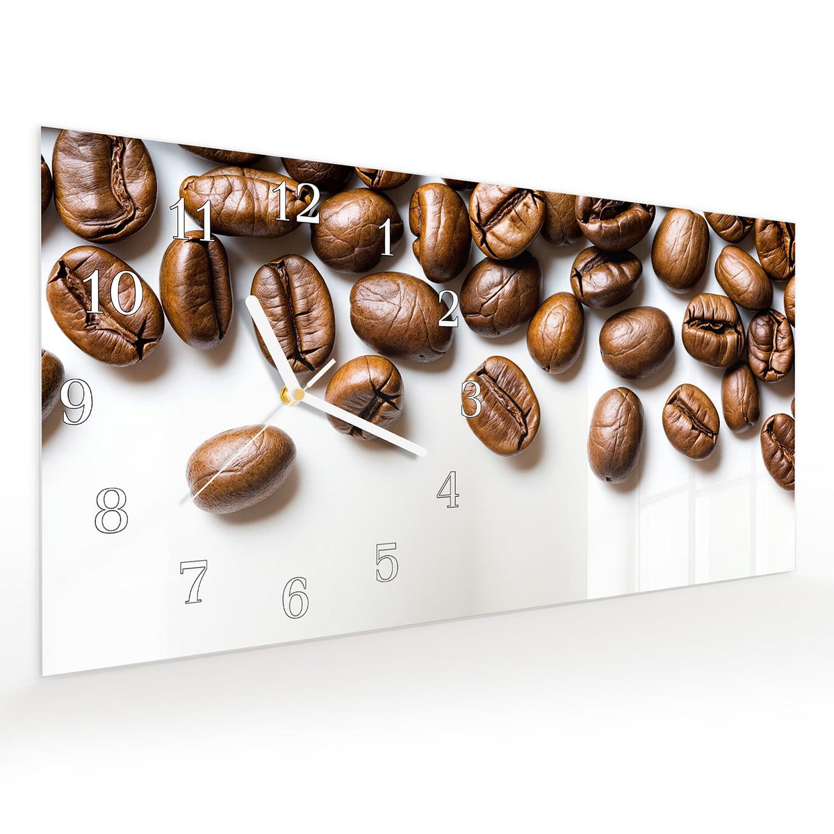 Vormontiert – mit Schwebeeffekt – Wanduhr Verträumte Kaffeebohnen aus Glas – Querformat 60 × 30 cm