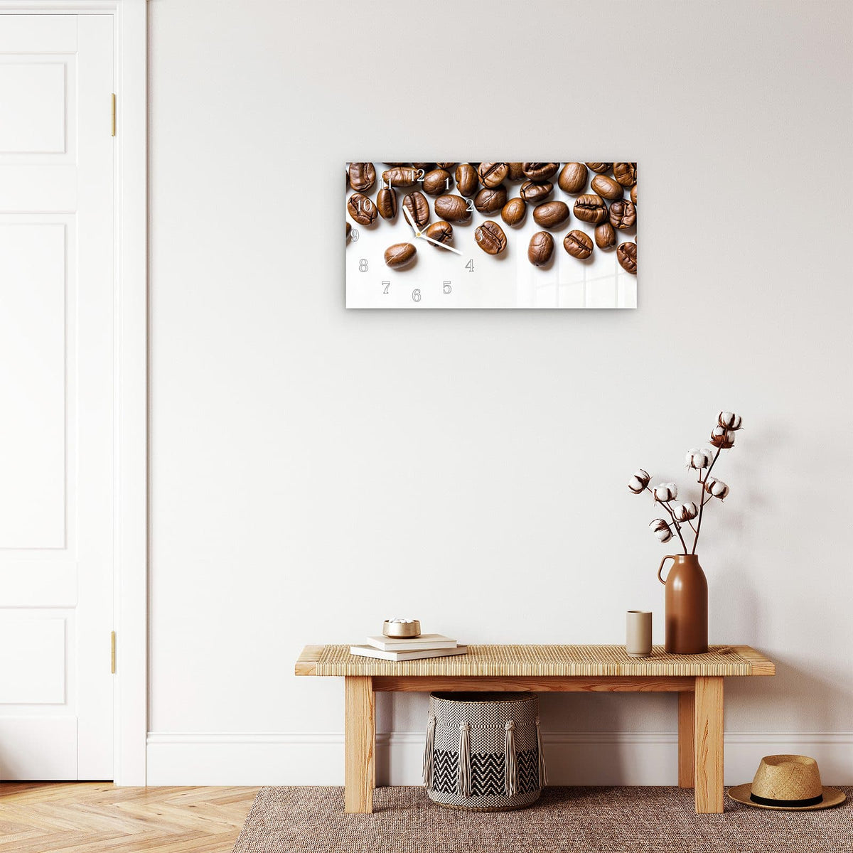 Moderne Wanduhr aus Glas mit Farbtiefe – Wanduhr Verträumte Kaffeebohnen aus Glas – Querformat 60 × 30 cm