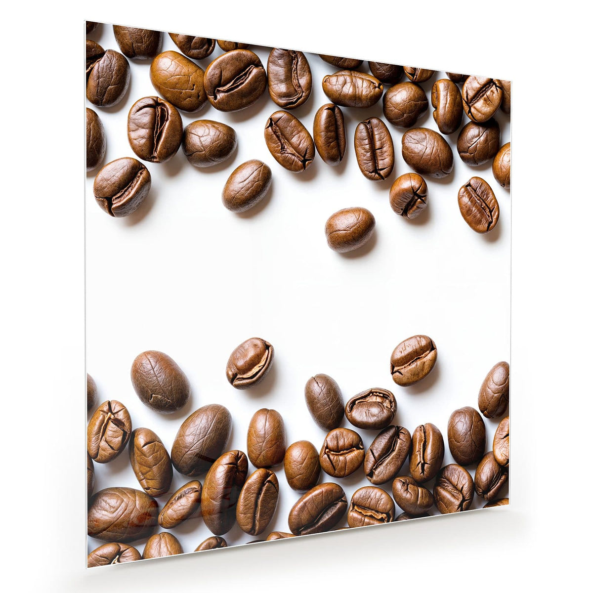 Kaffeebohnen, die oben und unten einen weißen, freien Bildmittelteil umrahmen