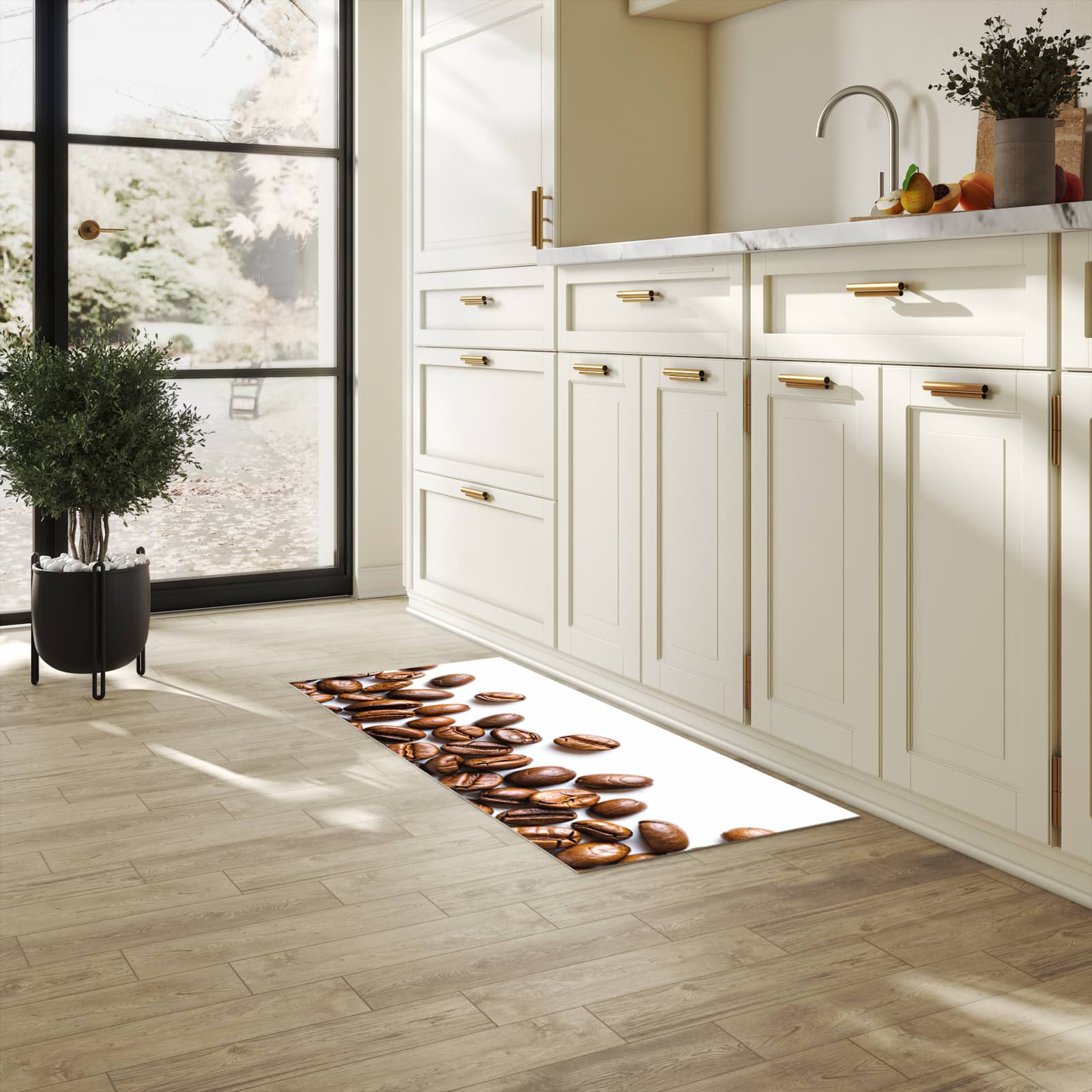 Hygienischer Küchenteppich mit Motiv Verträumte Kaffeebohnen in heller Küche - abwaschbar
