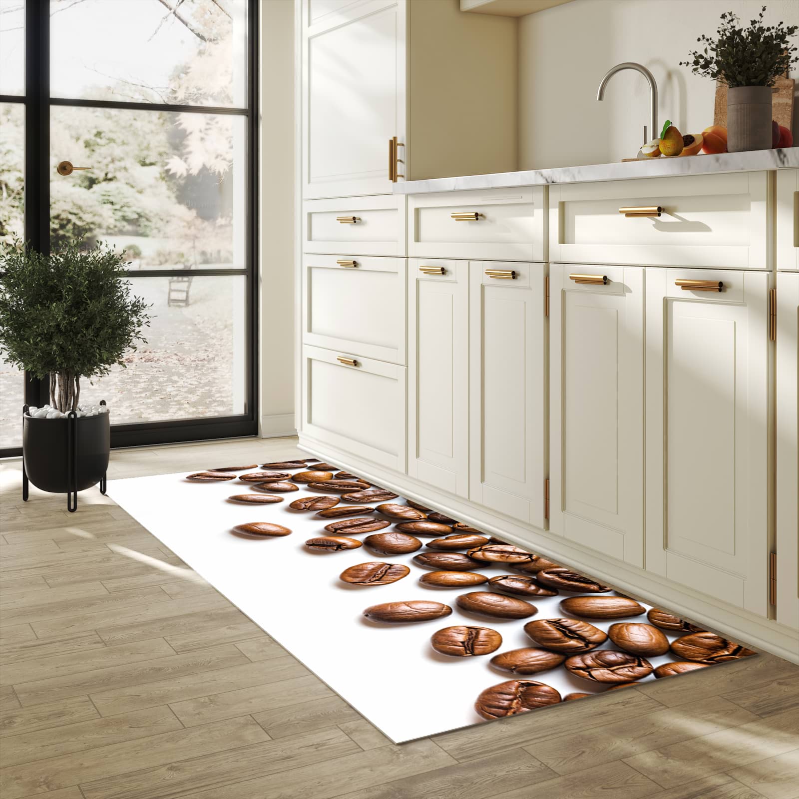 Küchenteppich mit Motiv Verträumte Kaffeebohnen in heller Küche für sicheres Aufbewahren