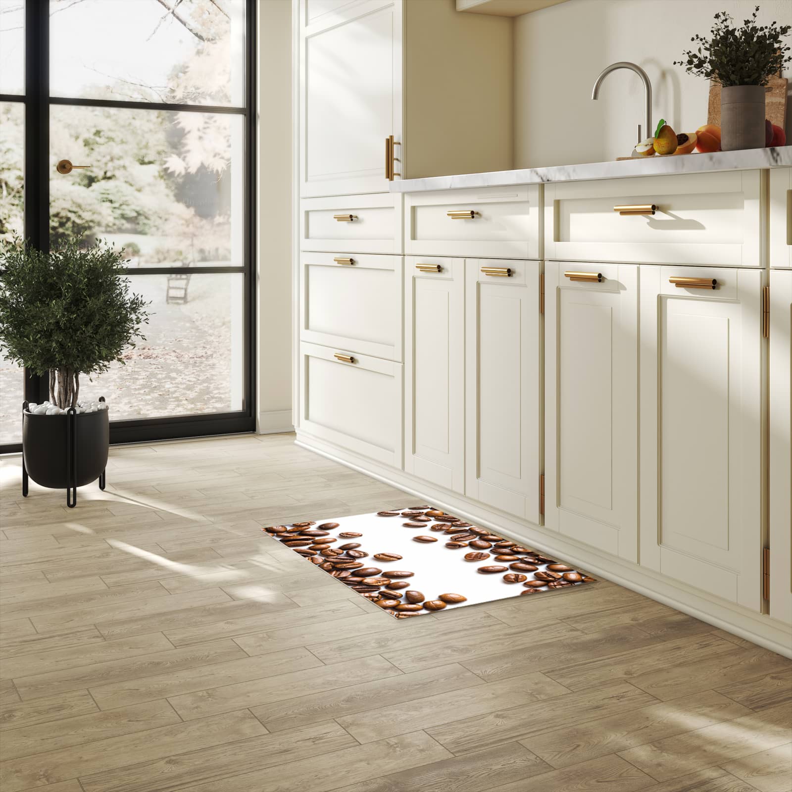 Feuchtigkeitsresistenter Teppich für die Küche mit Motiv Verträumte Kaffeebohnen in heller Küche