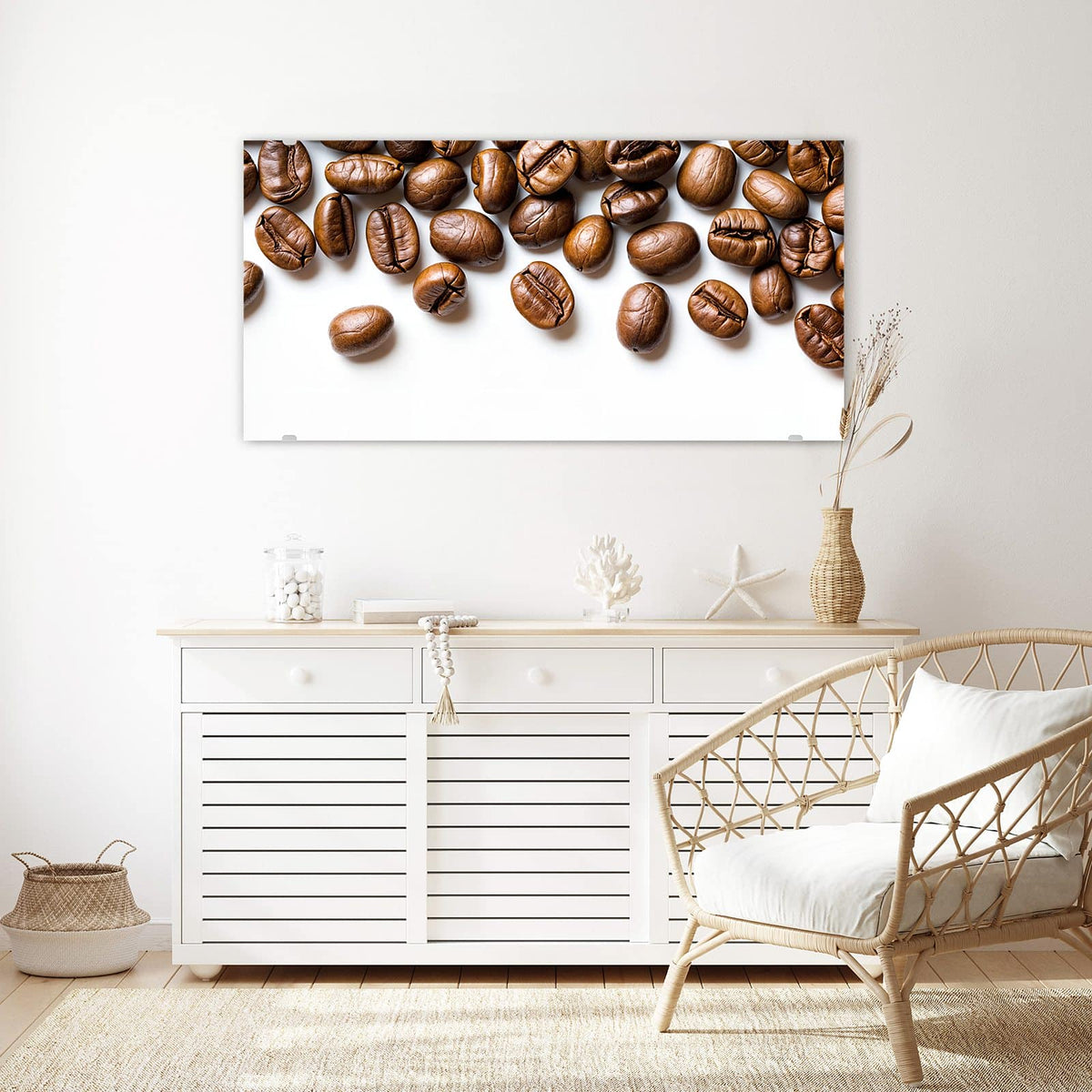 Echtglas, 4 mm – kein Acryl, keine Folie – Wandbild - Kaffeebohnen auf Weiß - Querformat