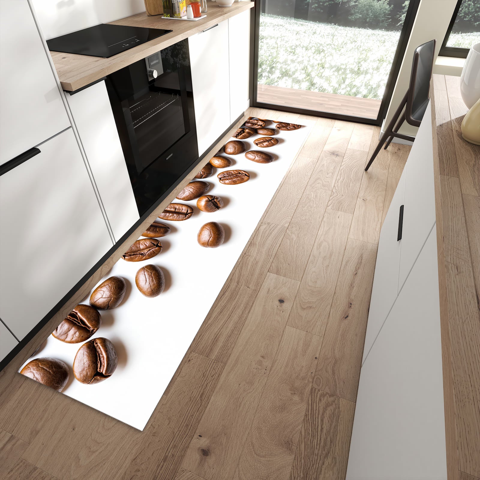 Schmutzabweisender Bodenläufer mit Motiv Verträumte Kaffeebohnen in moderner Küche