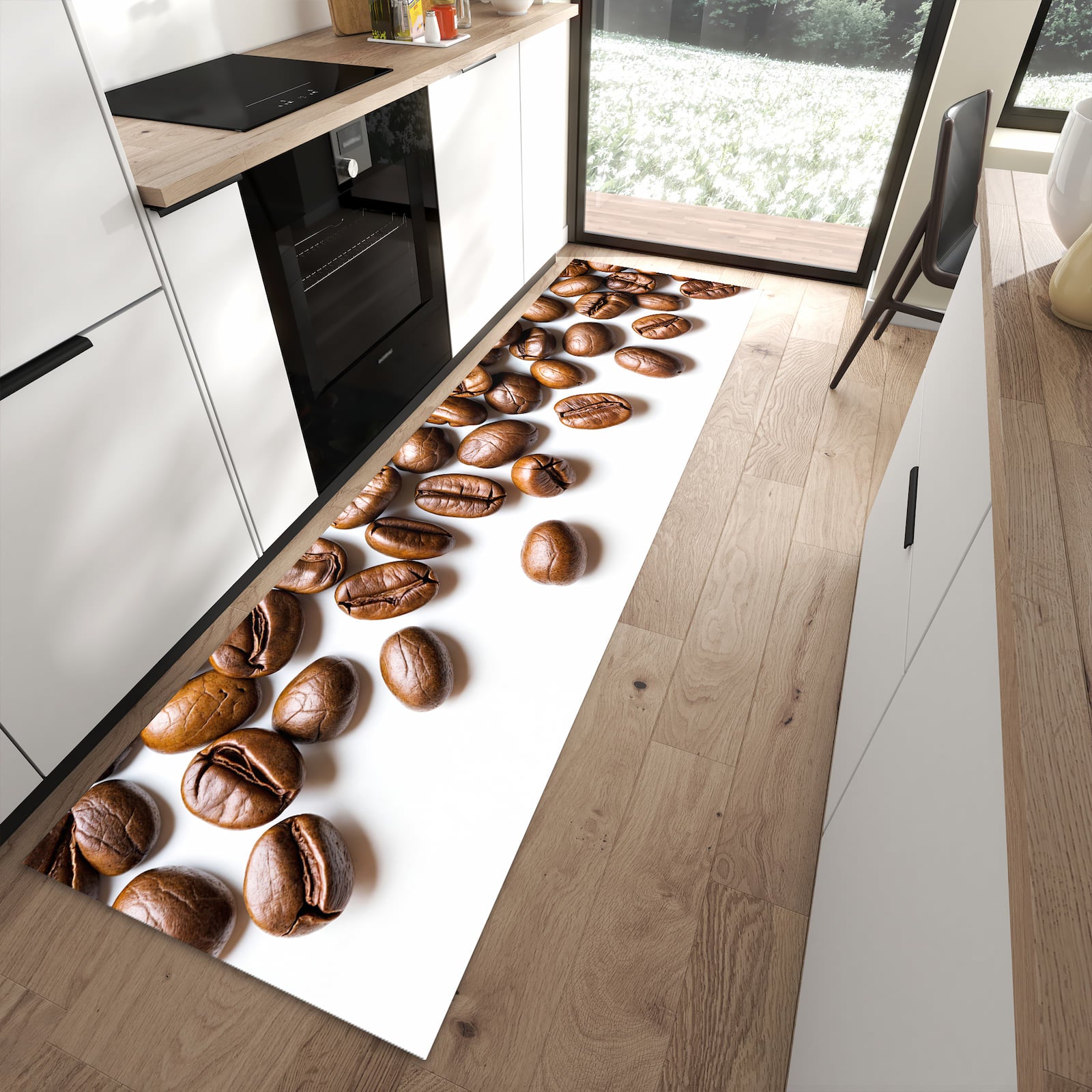 Komfortabler rutschfester Küchenteppich mit Motiv Verträumte Kaffeebohnen in moderner Küche