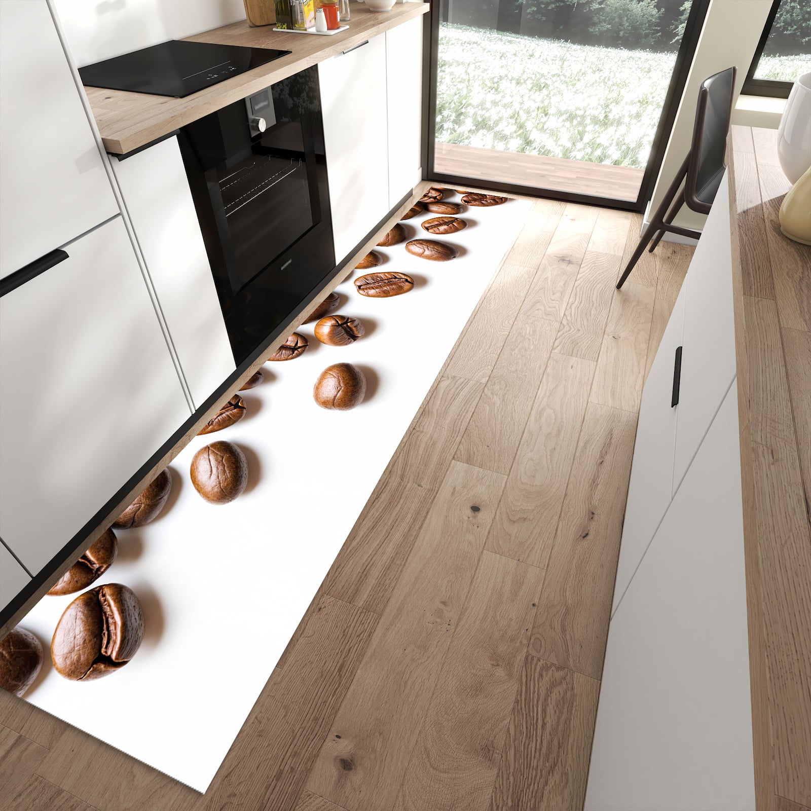 Geruchsneutraler Bodenläufer Teppich mit Motiv Verträumte Kaffeebohnen in moderner Küche