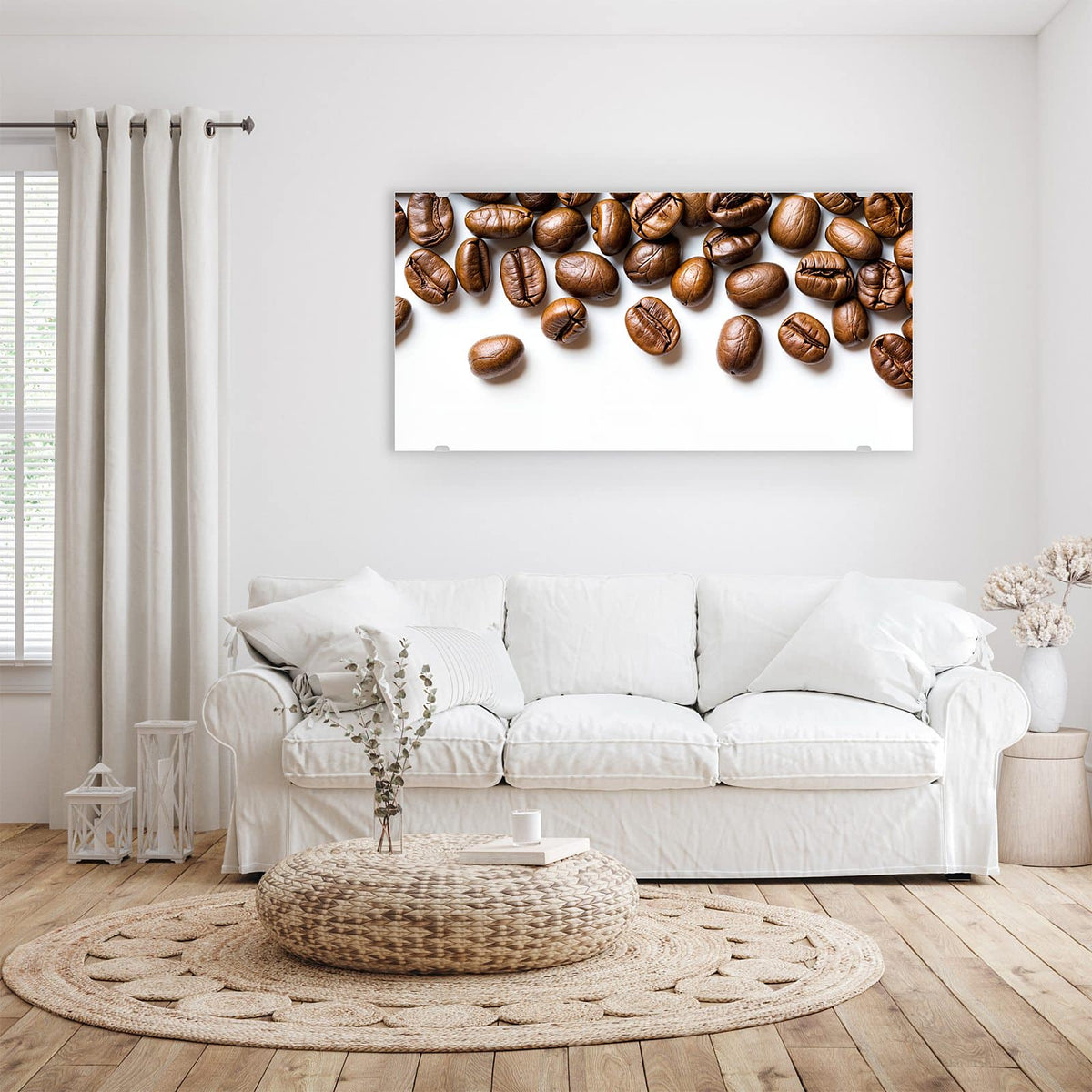 Wandbild - Kaffeebohnen auf Weiß - Querformat – Kaffeebohnen rahmen freie weiße Mitte