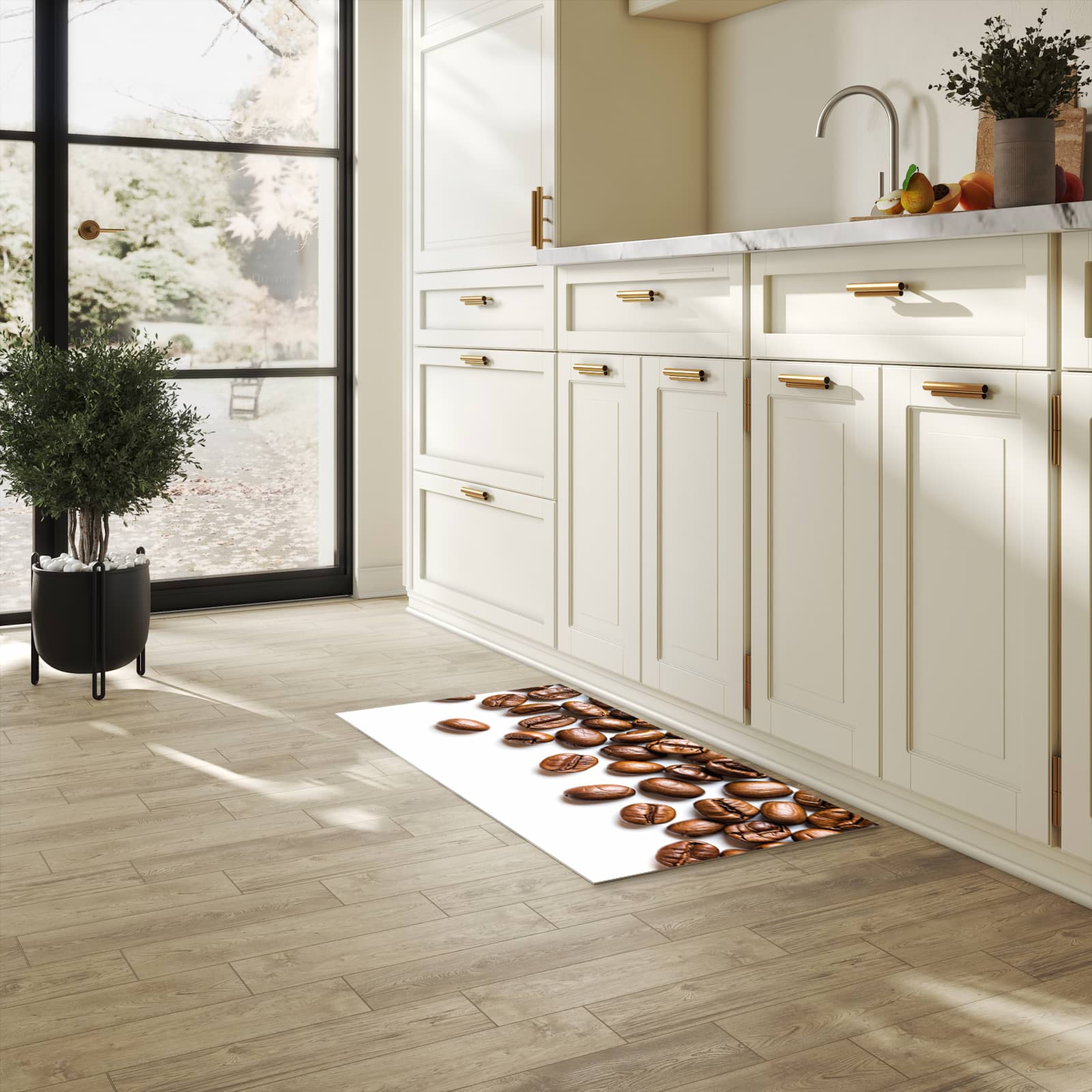 Abwaschbarer Küchenläufer mit Motiv Verträumte Kaffeebohnen in heller Küche für angenehme Haptik