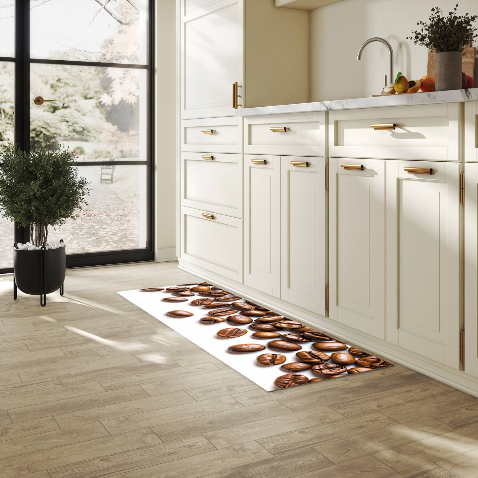 Strapazierfähiger Küchenteppich mit Motiv Verträumte Kaffeebohnen in heller Küche