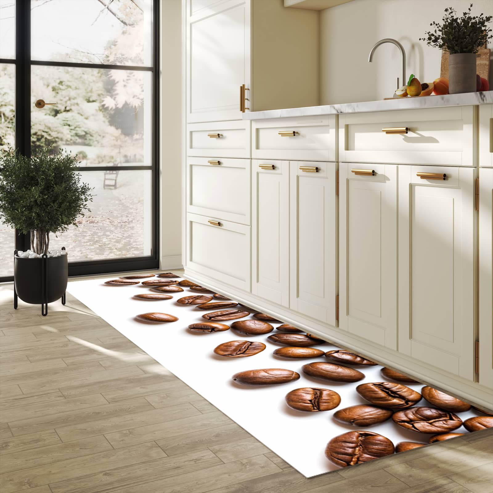 Farbbeständiger Läufer für die Küche mit Motiv Verträumte Kaffeebohnen in heller Küche