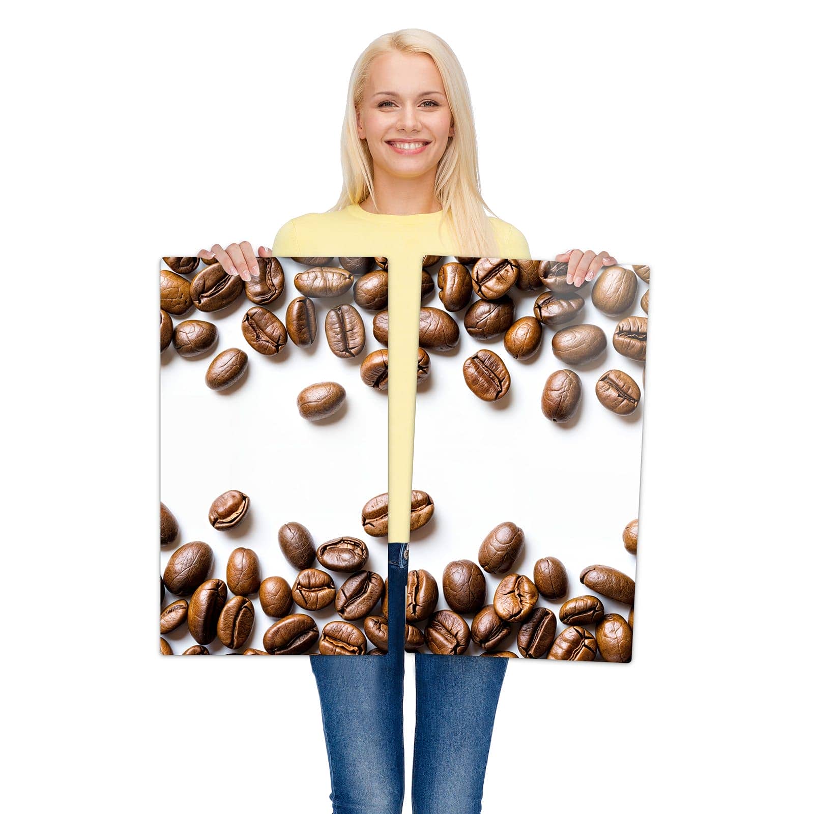 2-teilige Abdeckplatte für Induktionsherd mit Verträumte Kaffeebohnen-Motiv wird zur Größendarstellung gehalten