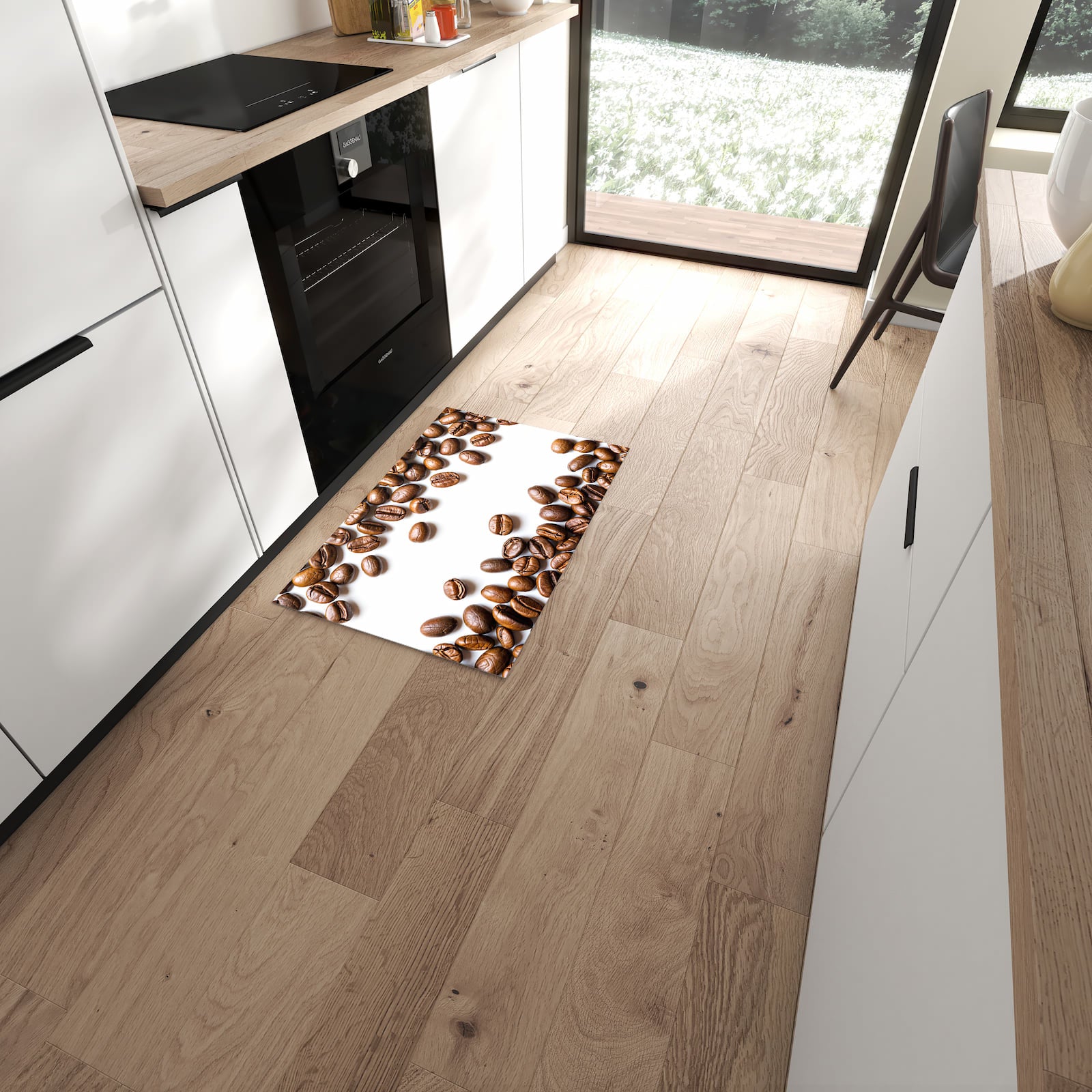 Langlebiger Küchenteppich mit Motiv Verträumte Kaffeebohnen in moderner Küche