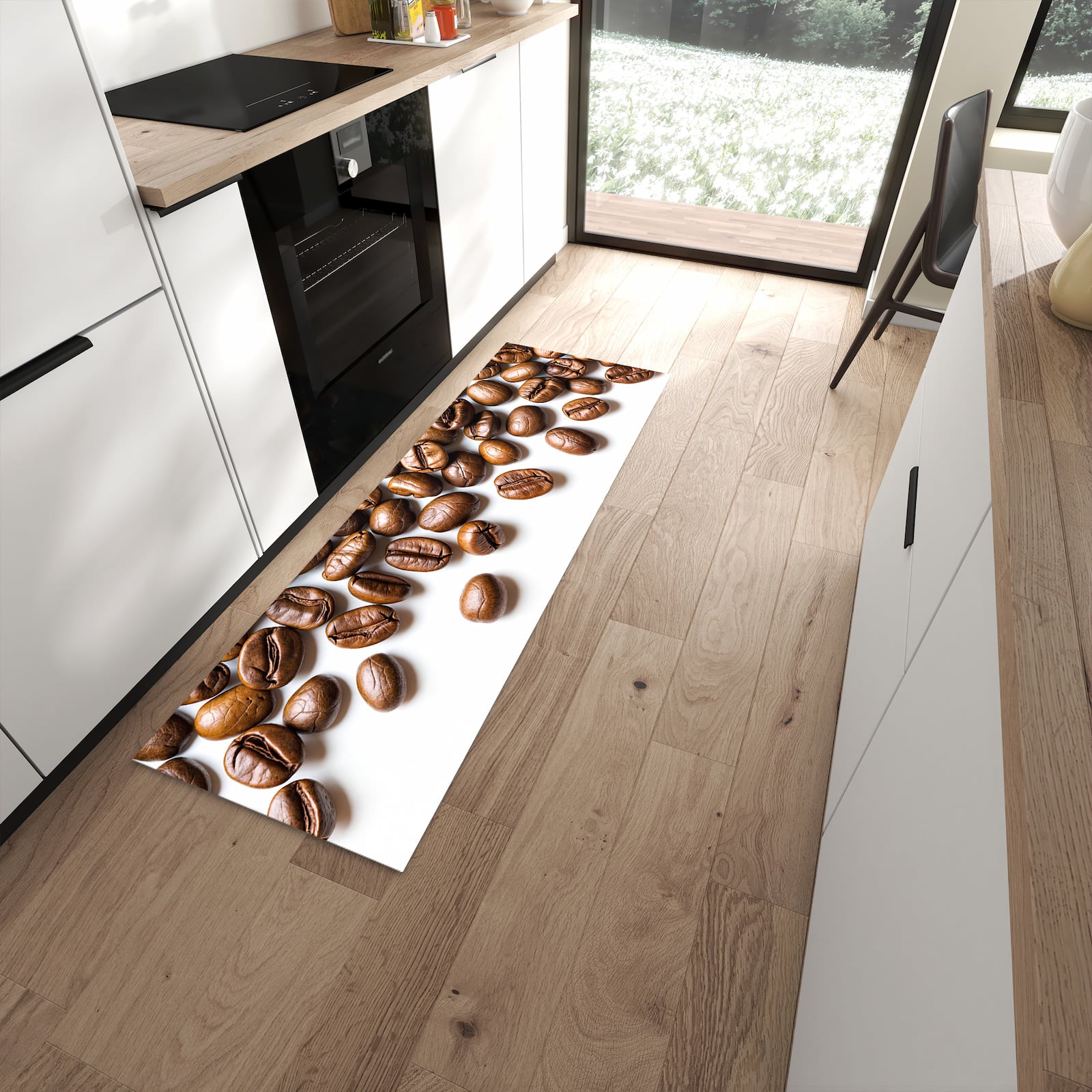 Wasserabweisender Teppich für Esstisch mit Motiv Verträumte Kaffeebohnen in moderner Küche