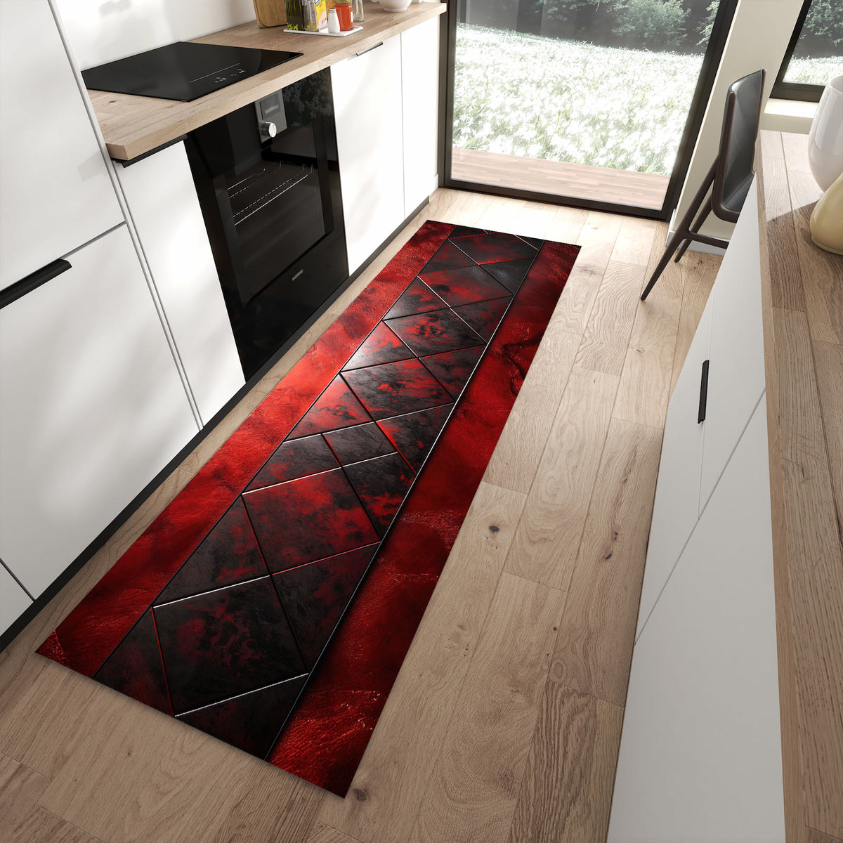 Formstabiler langer Teppich mit Motiv Dunkle Muster Wand in moderner Küche