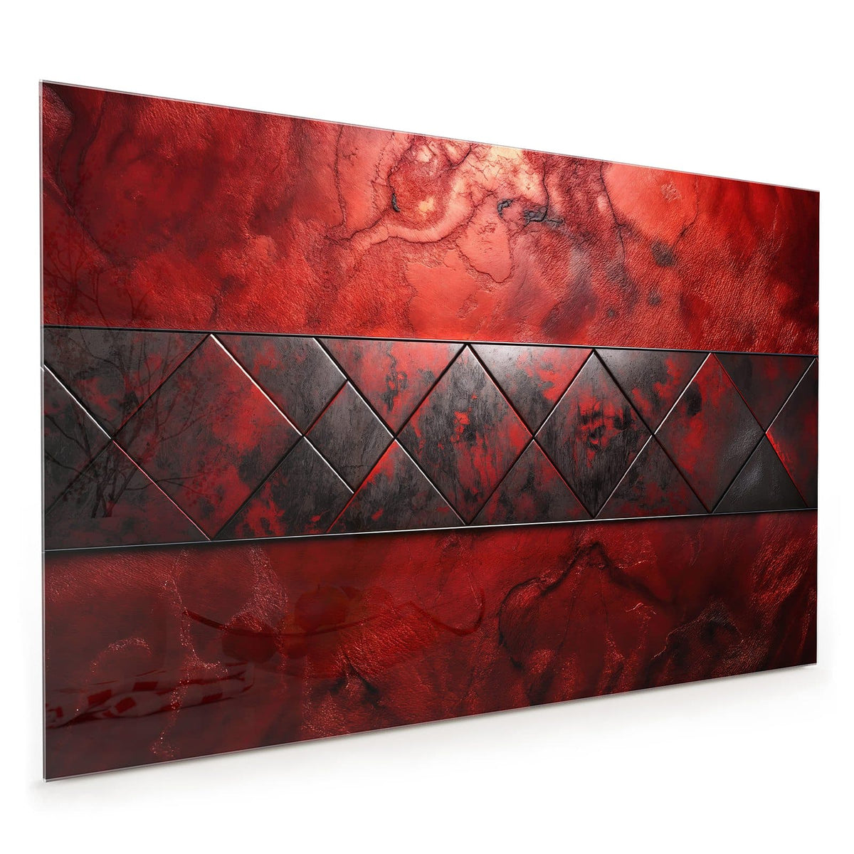Küchenrückwand aus Glas im Hochformat: Rot marmorierte Fläche mit waagerechtem Band aus dunklen Dreiecken