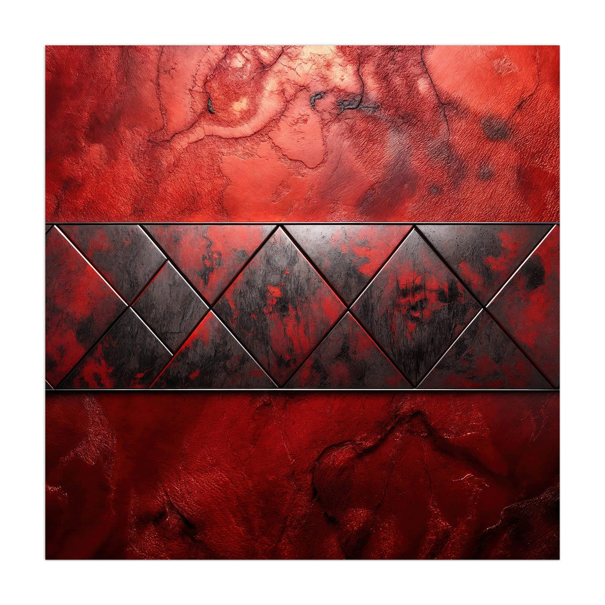 Küchenrückwand aus Glas Dreiecke auf Rotmarmor im quadratischen Format, Motiv bildfüllend von vorn