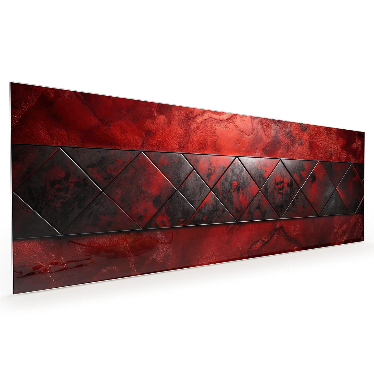 Küchenrückwand aus Glas im Hochformat: Rot marmorierte Fläche mit waagerechtem Band aus dunklen Dreiecken #grösse_40 x 100 cm #grösse_50 x 125 cm #grösse_60 x 150 cm