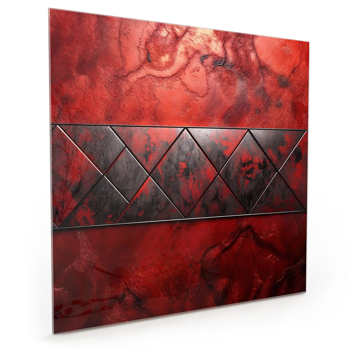 Küchenrückwand aus Glas im quadratischen Format: Rot marmorierte Fläche mit waagerechtem Band aus dunklen Dreiecken #grösse_40 x 40 cm #grösse_50 x 50 cm #grösse_60 x 60 cm