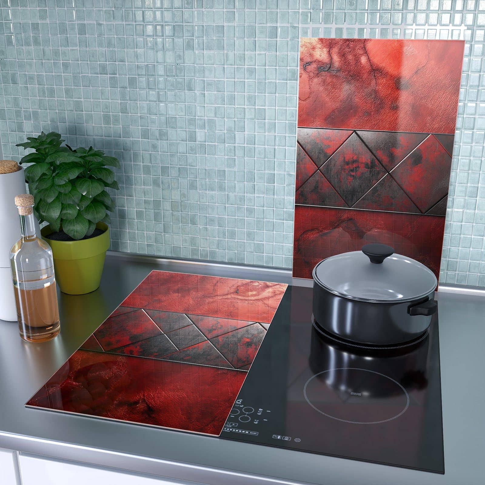 1-teilige Abdeckplatte Induktionsherd mit Dunkle Muster Wand-Motiv als Spritzschutz hinter dem Kochfeld
