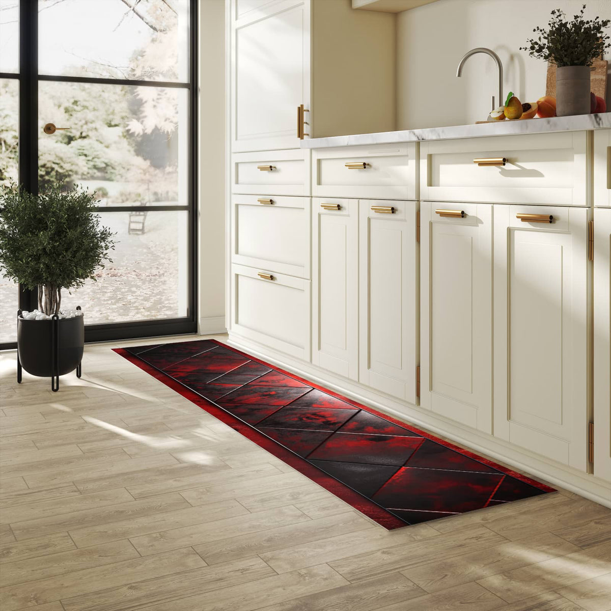 Fleckenresistenter Küchenläufer mit Motiv Dunkle Muster Wand in heller Küche