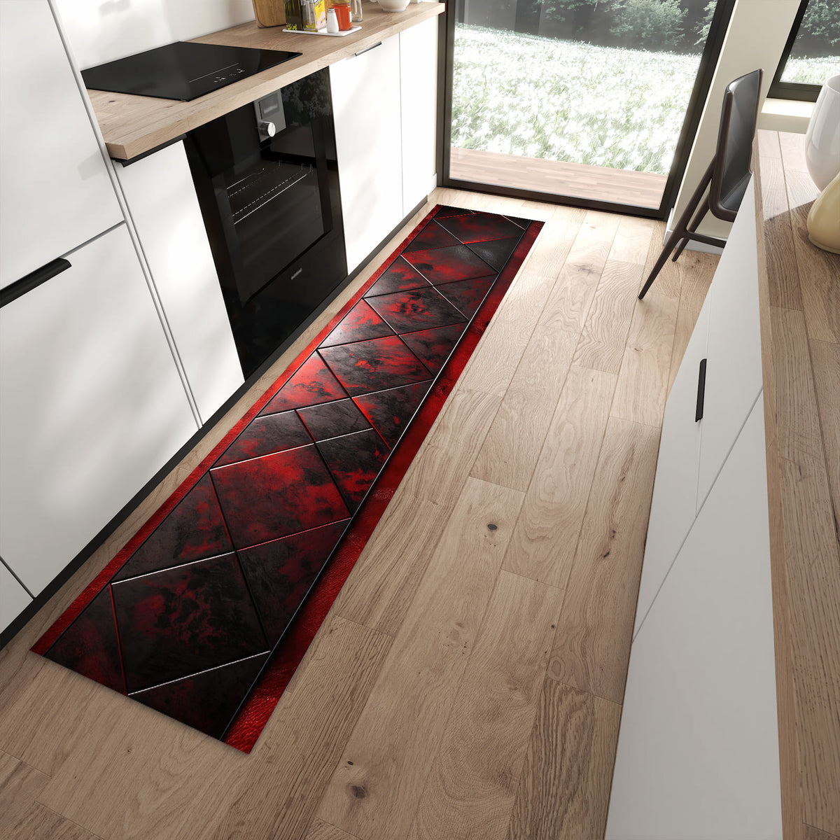 Bodenschonender Küchenteppich mit Motiv Dunkle Muster Wand in moderner Küche