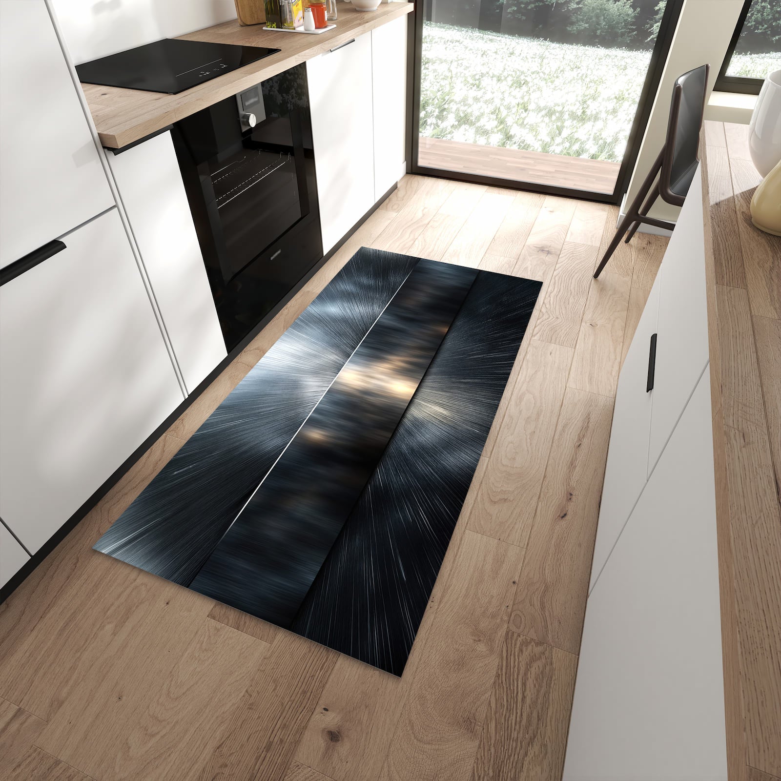 Hygienischer Läufer für die Küche mit Motiv Energieblitz in moderner Küche