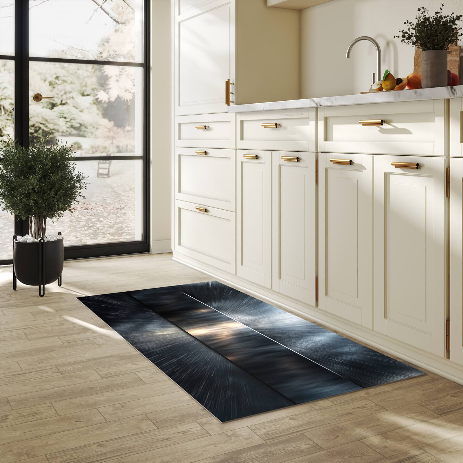 Zeitsparender großer Küchenteppich mit Motiv Energieblitz in heller Küche