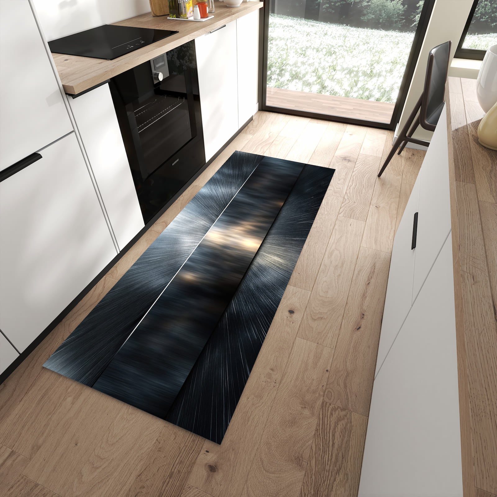 Komfortabler Küchenteppich mit Motiv Energieblitz in moderner Küche