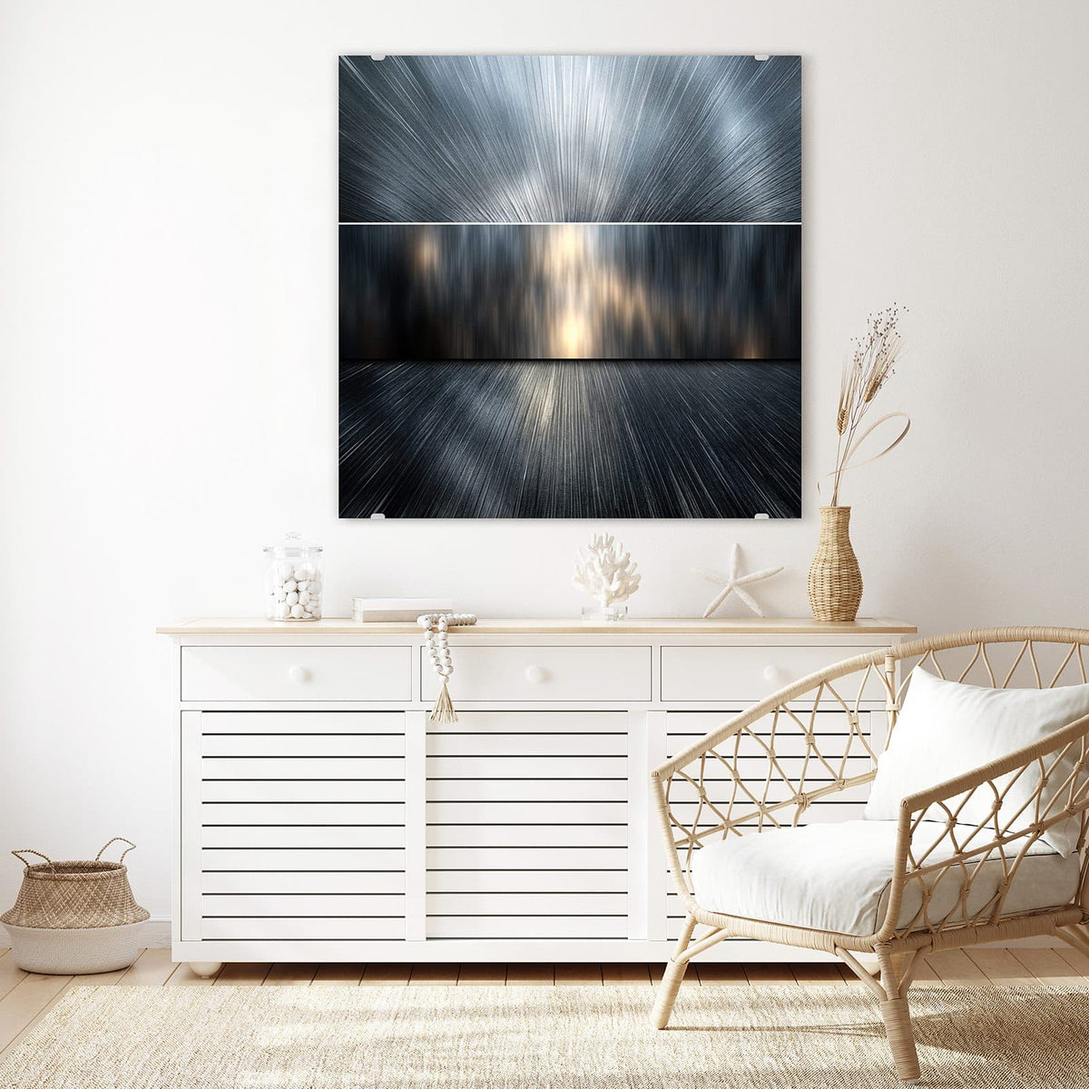 Echtglas, 4 mm – kein Acryl, keine Folie – Wandbild - Silberne Lichtstrahlen - Quadratisch