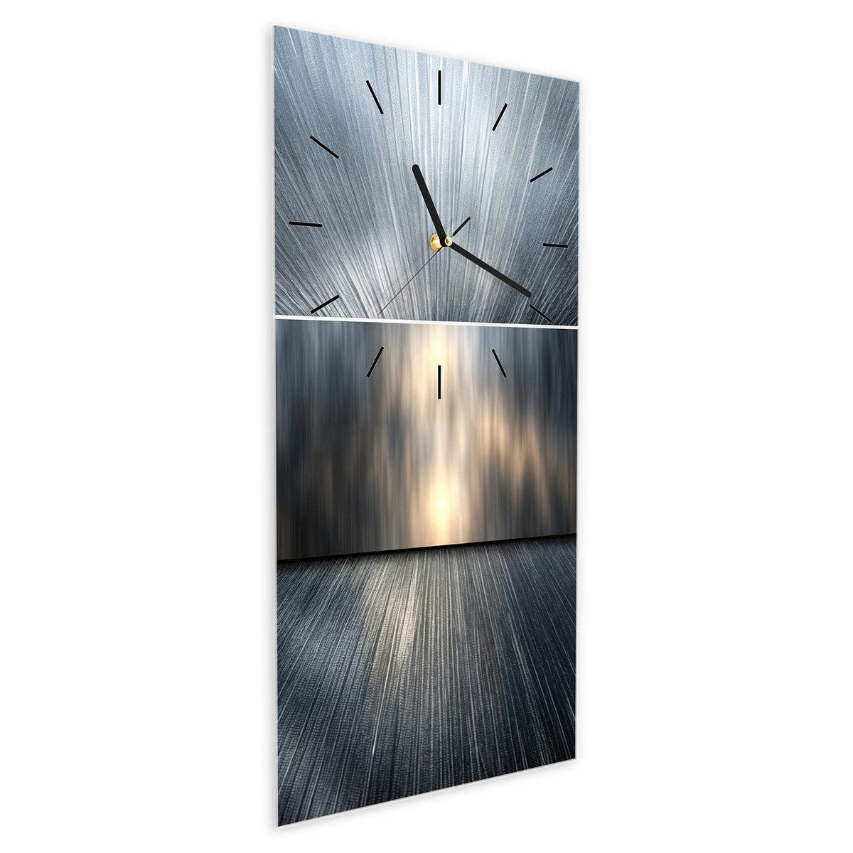 Wanduhr aus Glas im Hochformat Silberne Lichtstrahlen schräg von der Seite, 4 mm starkes Glas