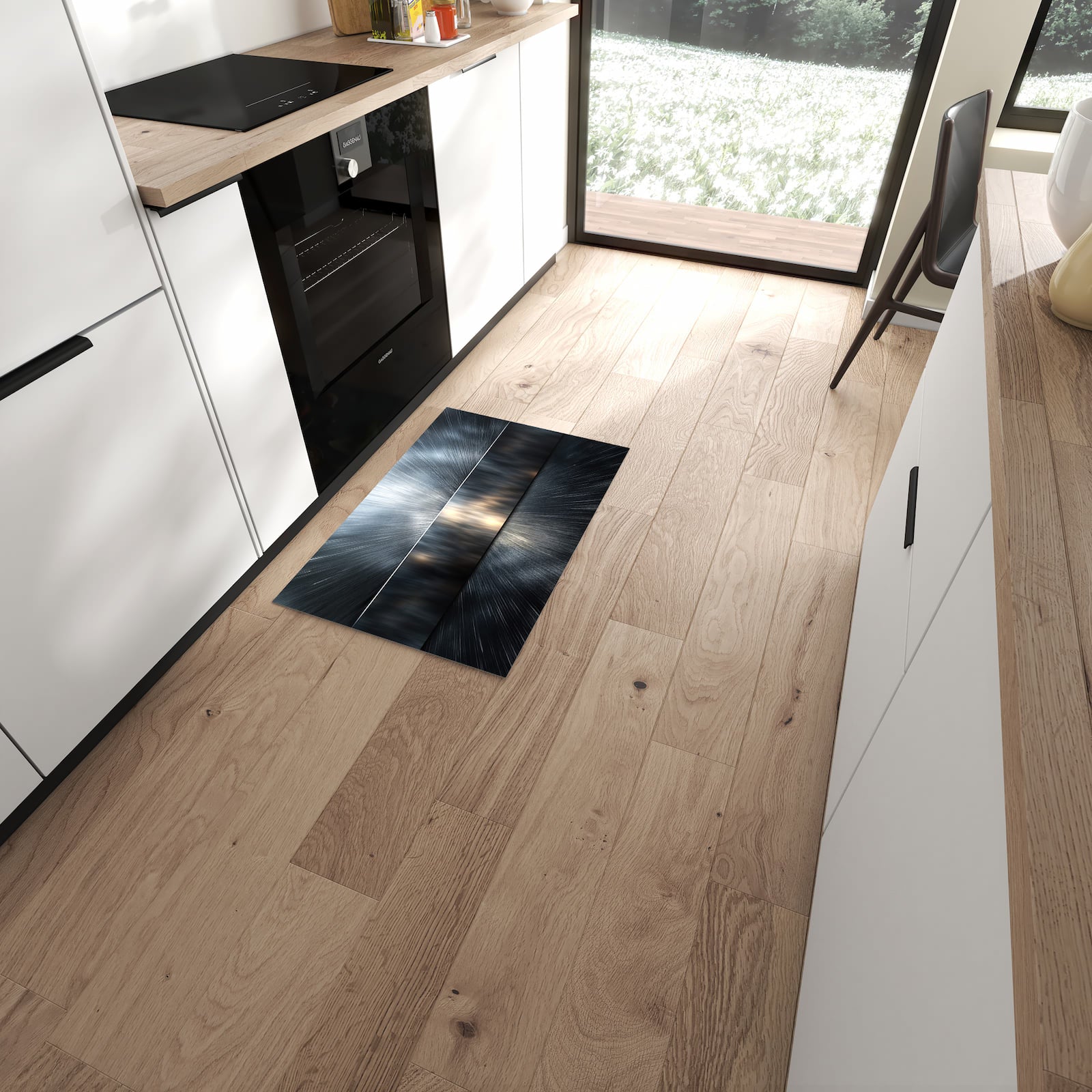 Pflegeleichter Teppich für die Küche mit Motiv Energieblitz in moderner Küche