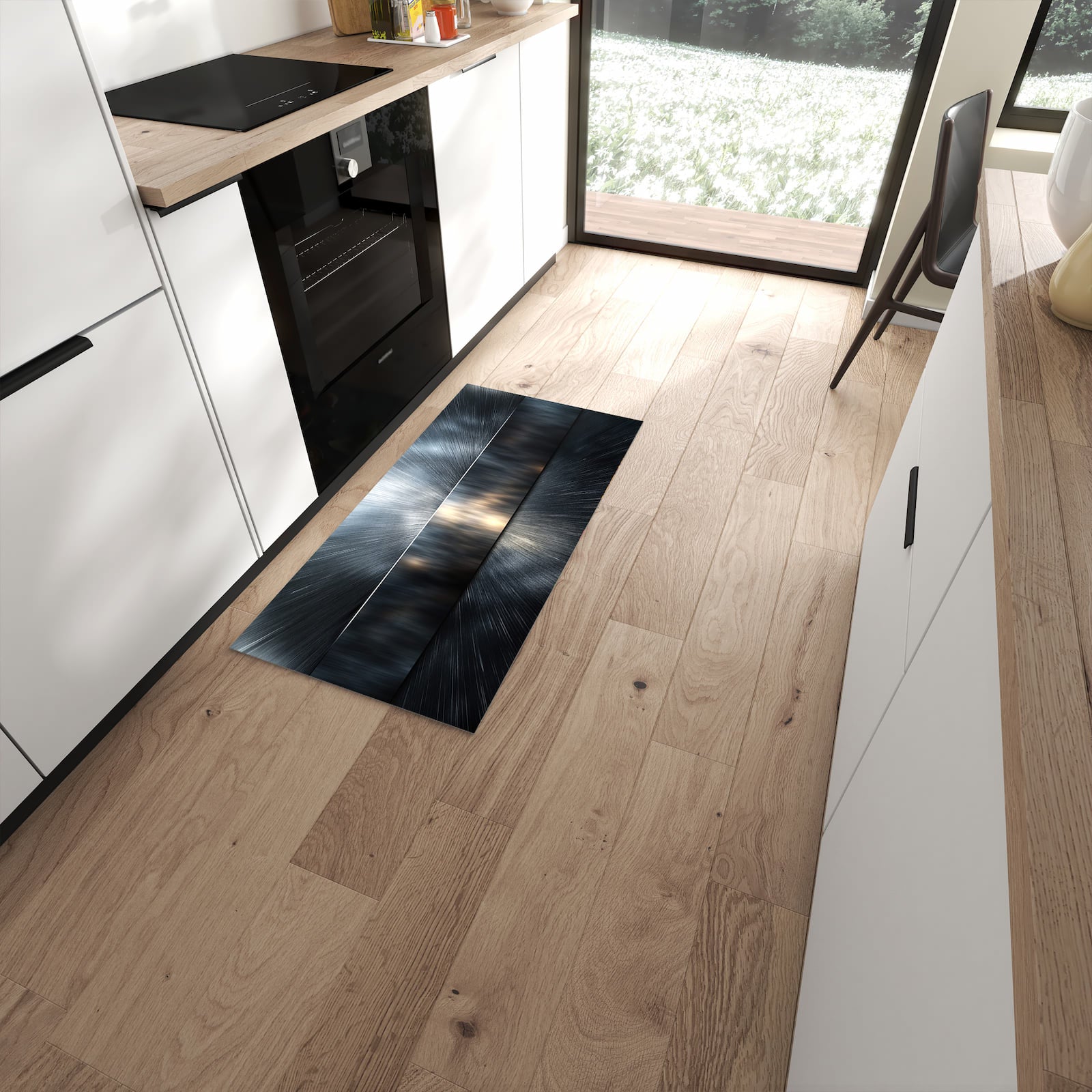 Wasserabweisender Küchenläufer mit Motiv Energieblitz in moderner Küche #grösse_60 x 120 cm