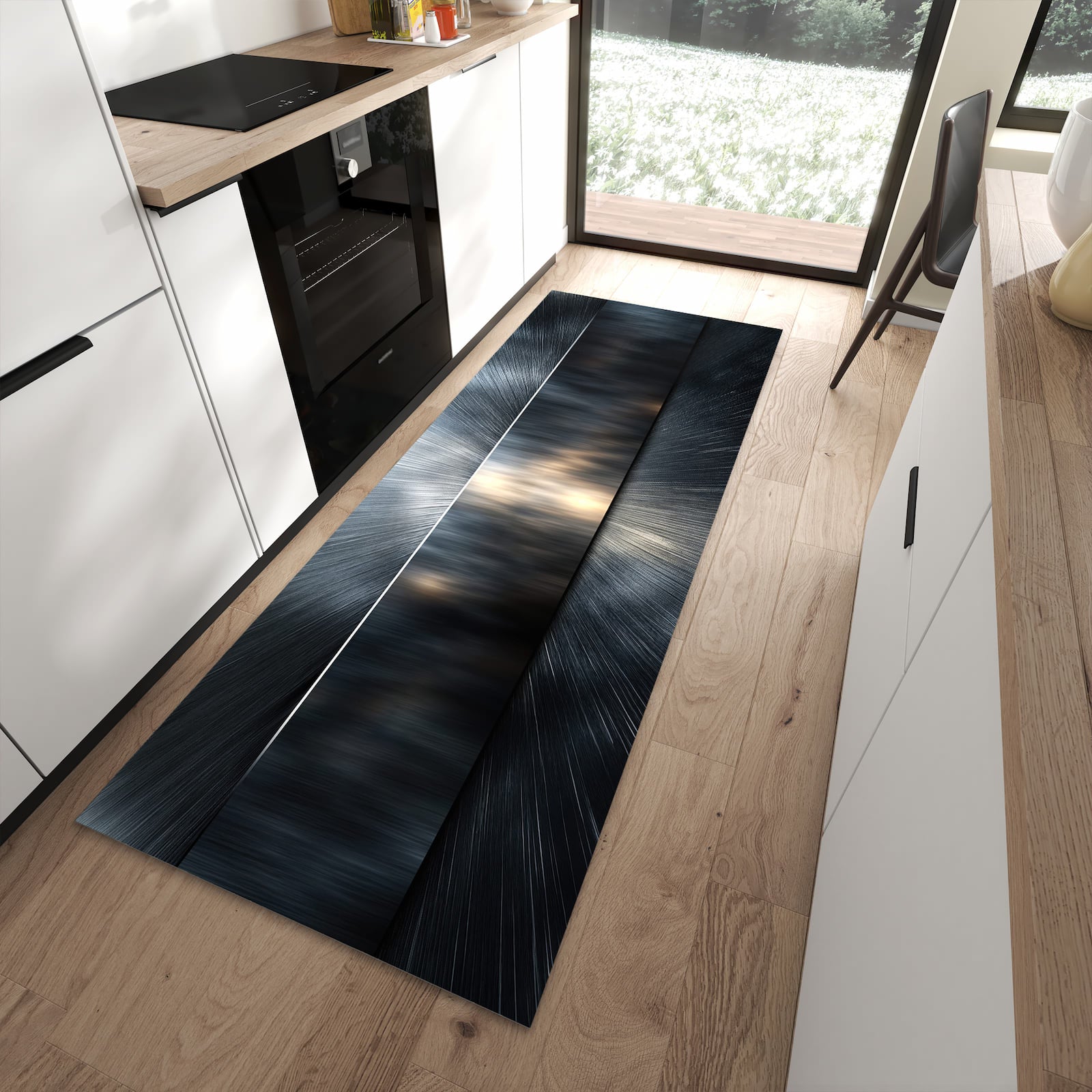 Strapazierfähiger Küchenläufer mit Motiv Energieblitz in moderner Küche