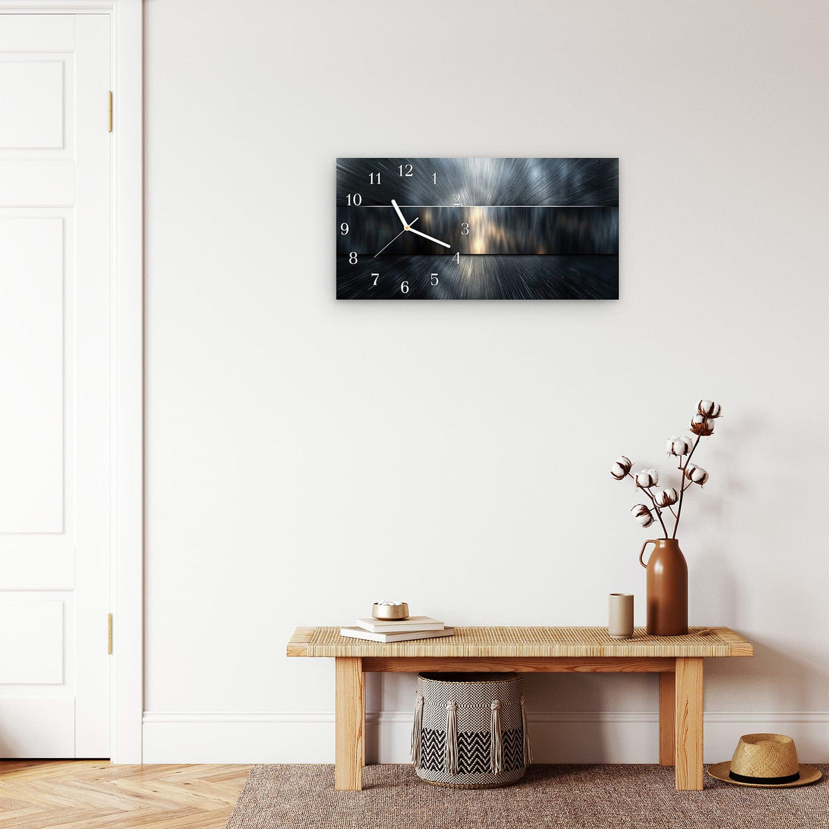 Moderne Wanduhr aus Glas mit Farbtiefe – Wanduhr Energieblitz aus Glas – Querformat 60 × 30 cm